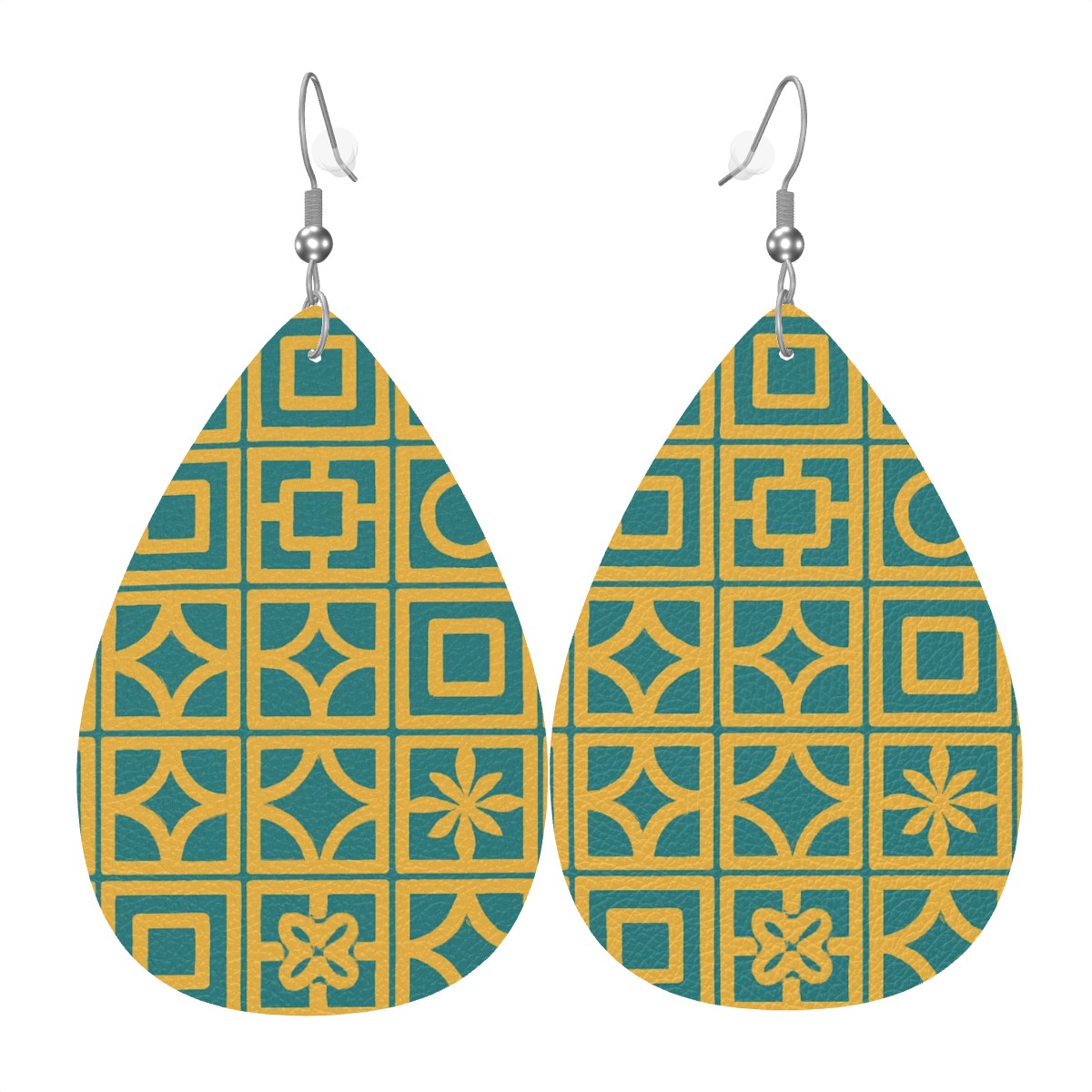 Retro Geometric Leather Teardrop Earrings – Mid Century Modern Pattern