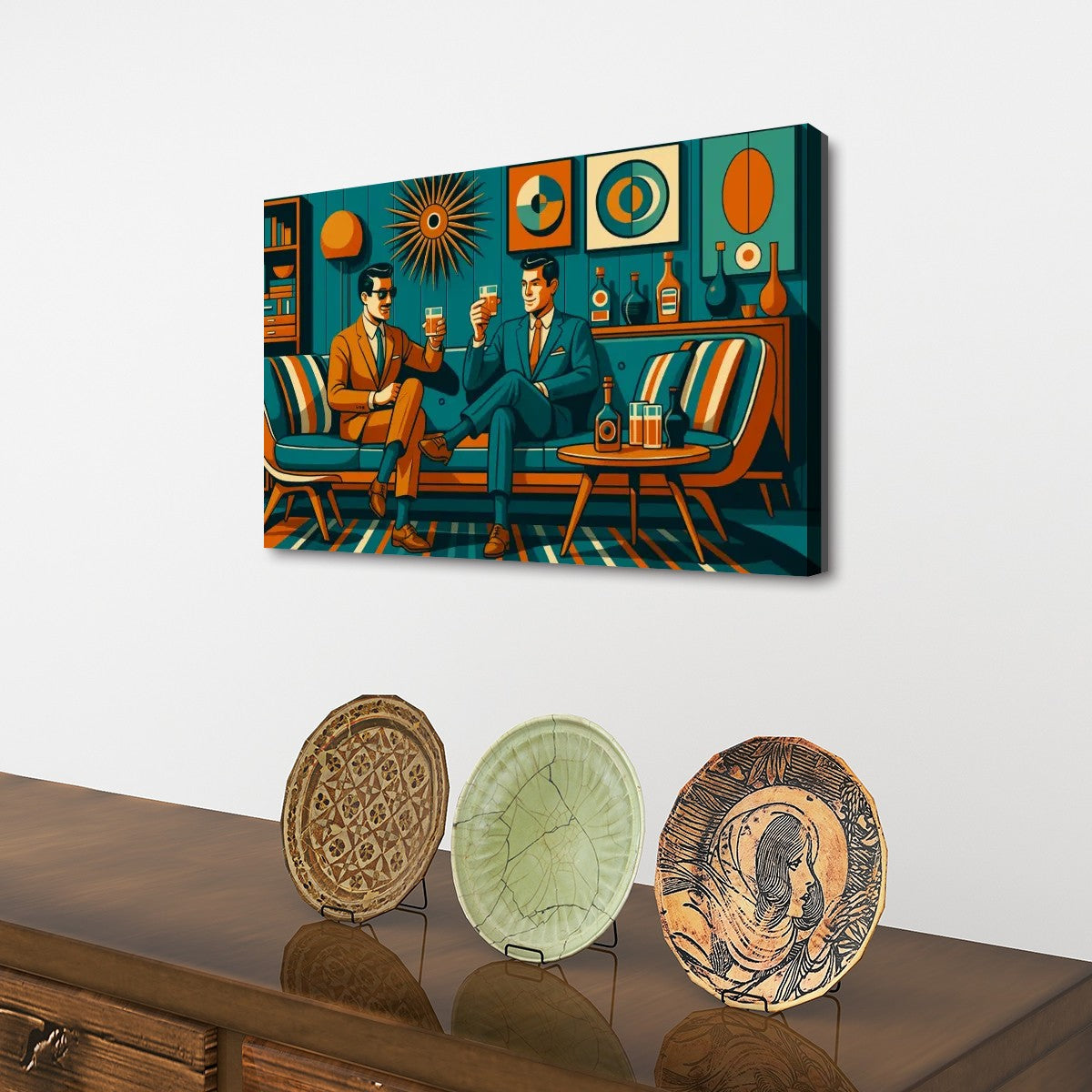 Mid Century Lounge Canvas Wall Art – Retro Teal Tones (32"x20")