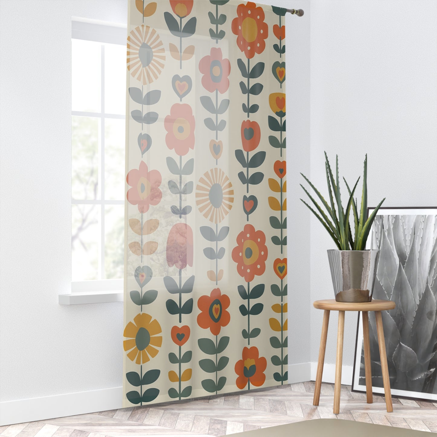Scandinavian Floral Curtain Panel – Mid-Century Modern Window Decor
