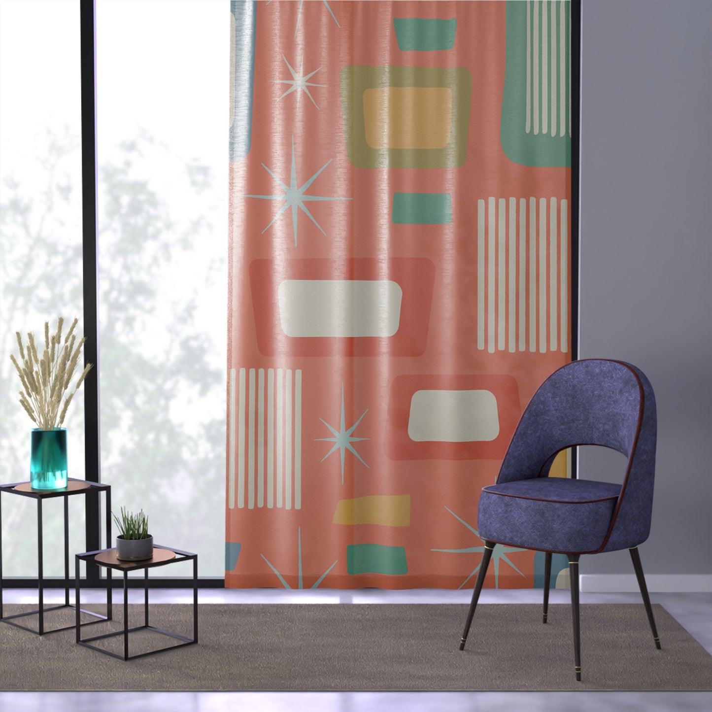 Atomic Coral Mid-Century Modern Curtain Panel – Retro Starburst & Mod Block Print