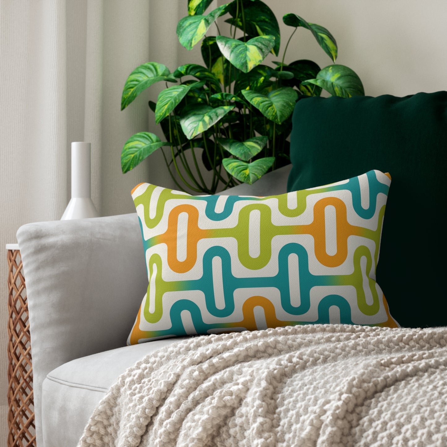 Mid-Century Retro Curve Lumbar Pillow – Orange, Teal & Lime (20×14)