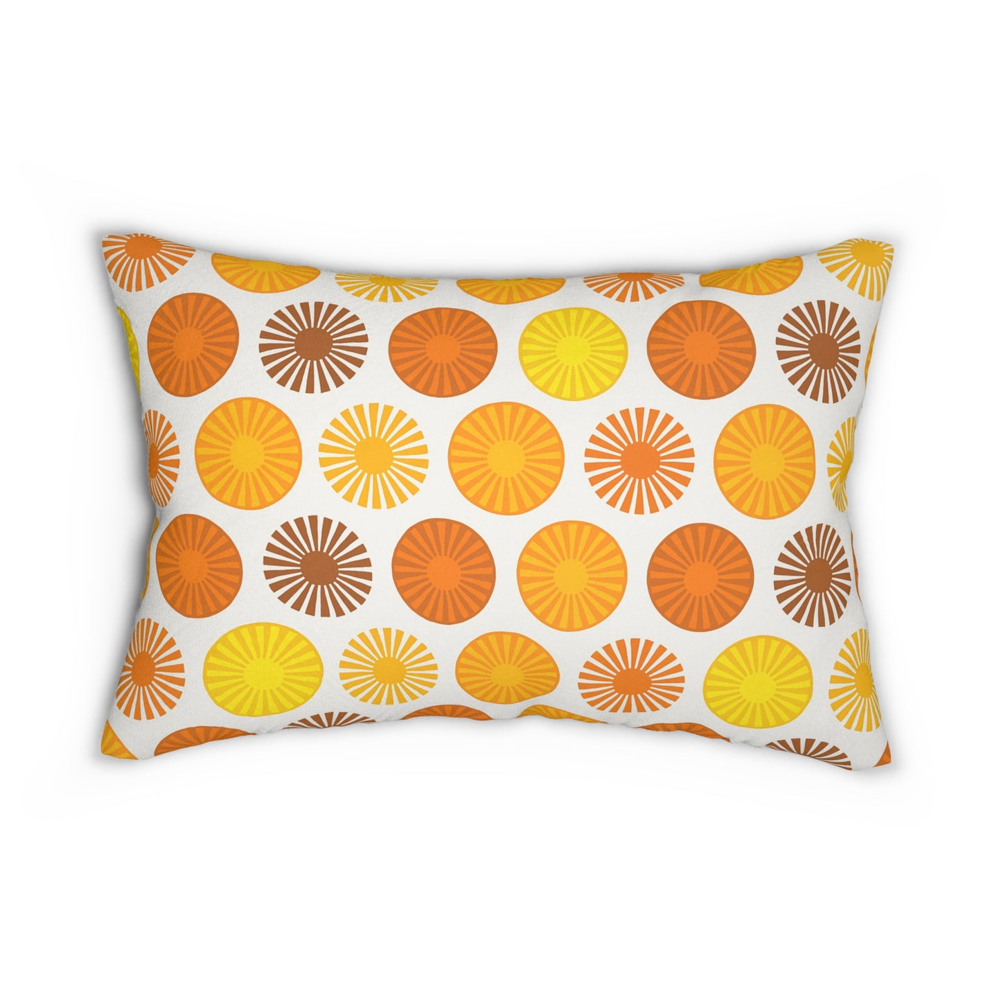 Retro Sunburst Circle Lumbar Pillow – Mid-Century Modern Orange & Yellow (20×14)