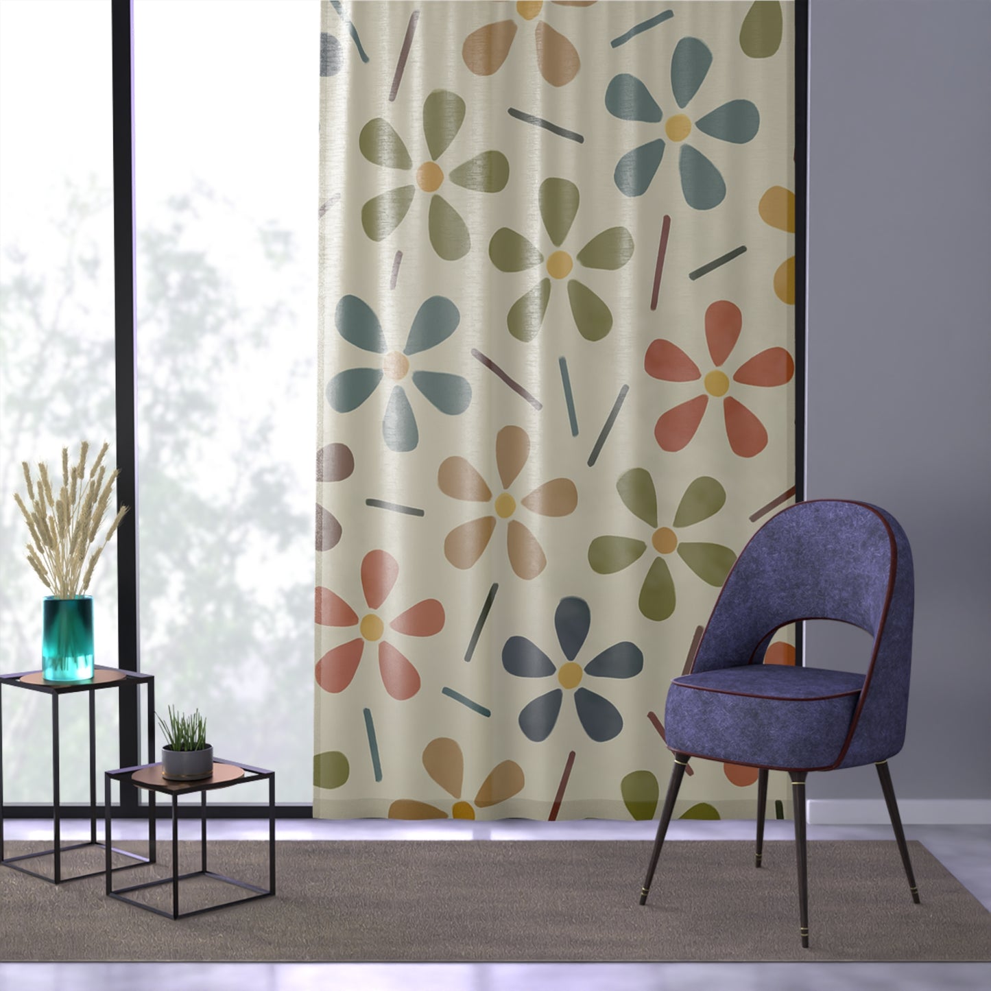 Retro Mod Floral Curtain Panel – Mid-Century Modern Inspired Light Filter
