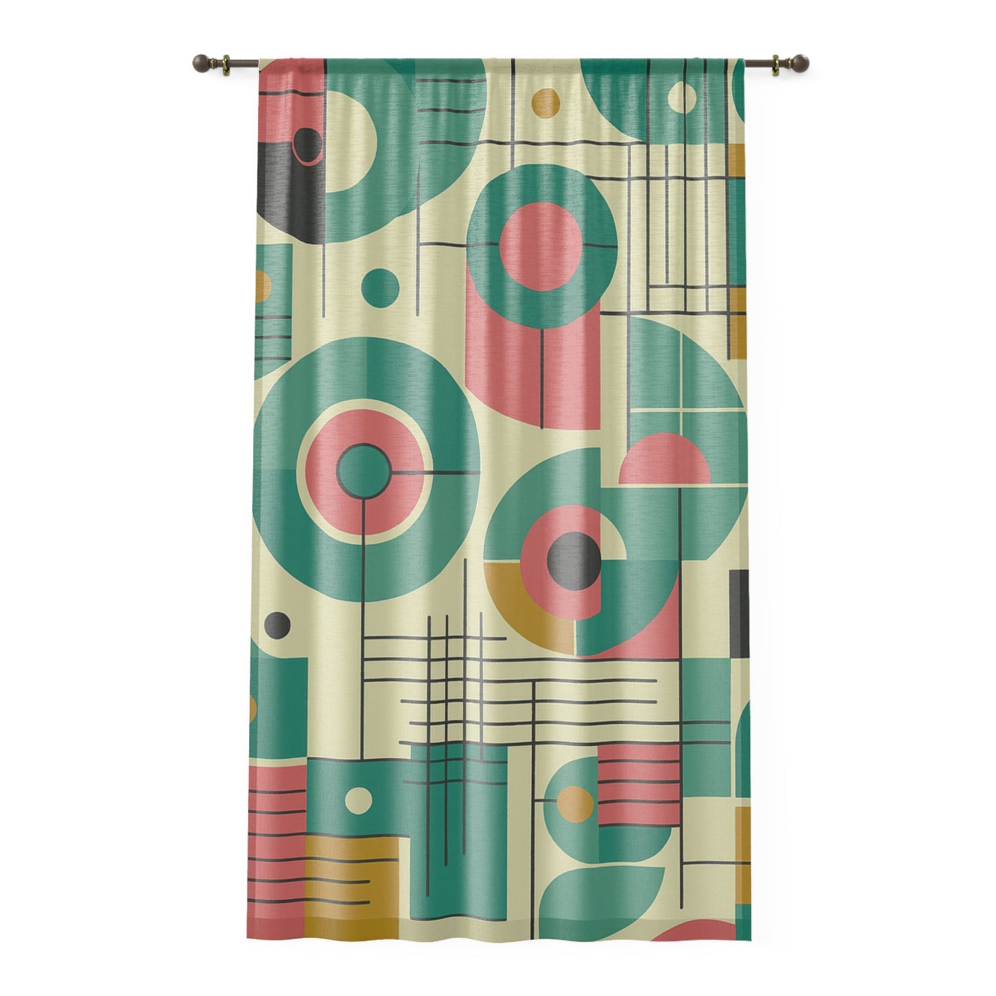 Mid-Century Modern Geometric Circles Curtain – Retro Grid Panel in Teal & Coral