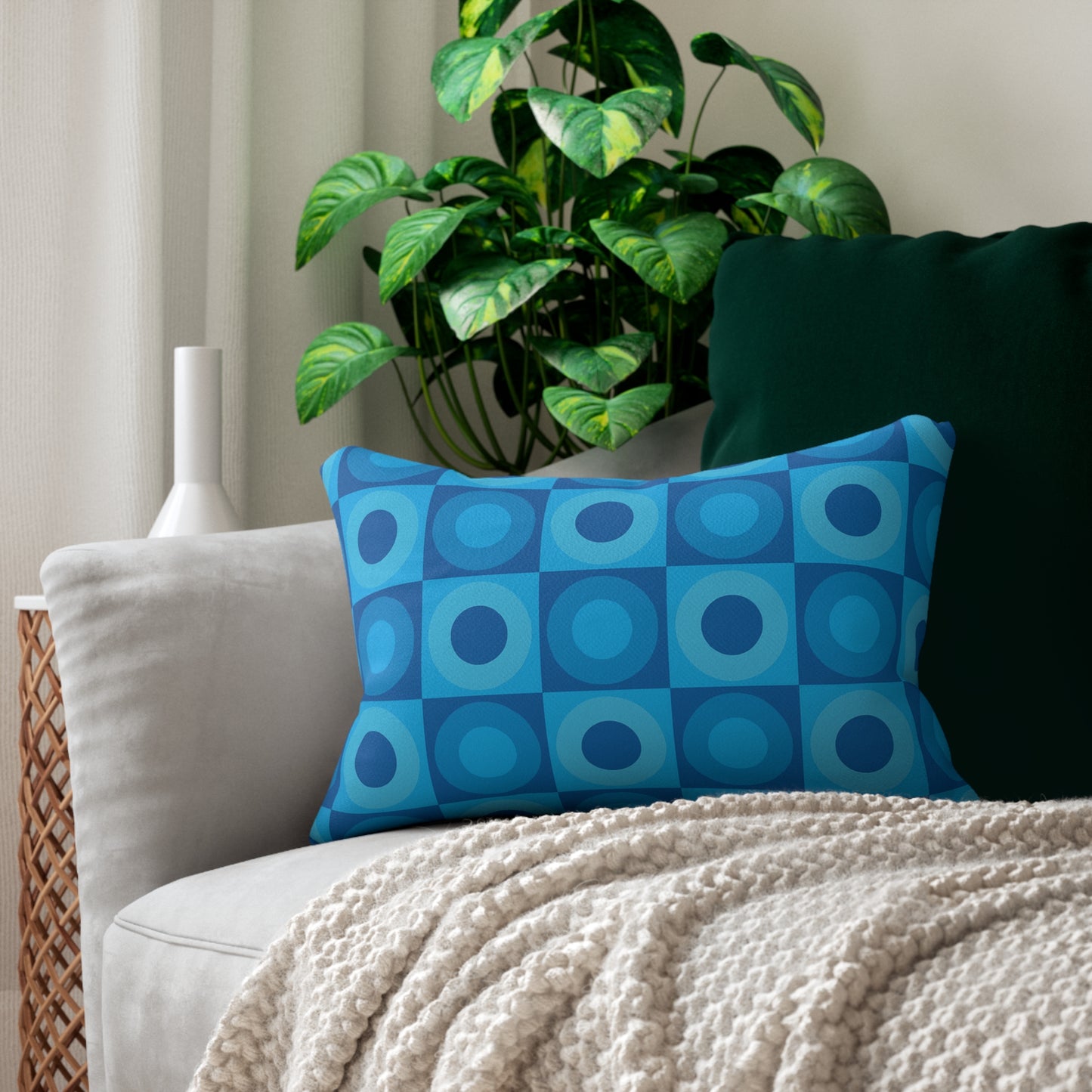 Retro Blue Circle Lumbar Pillow – 20×14 | Mid-Century Modern Accent