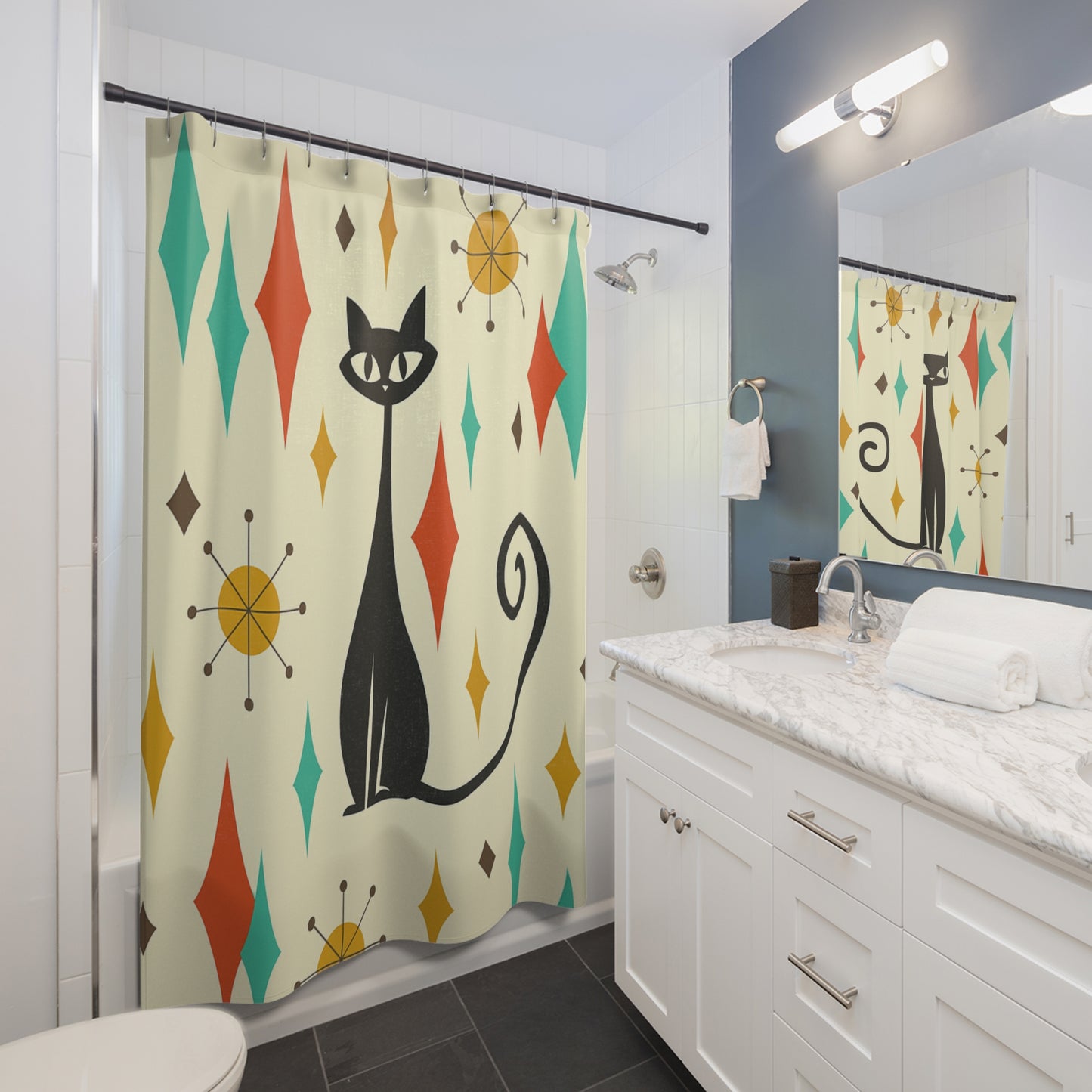 Atomic Black Cat Shower Curtain – Mid-Century Whiskered Wonder