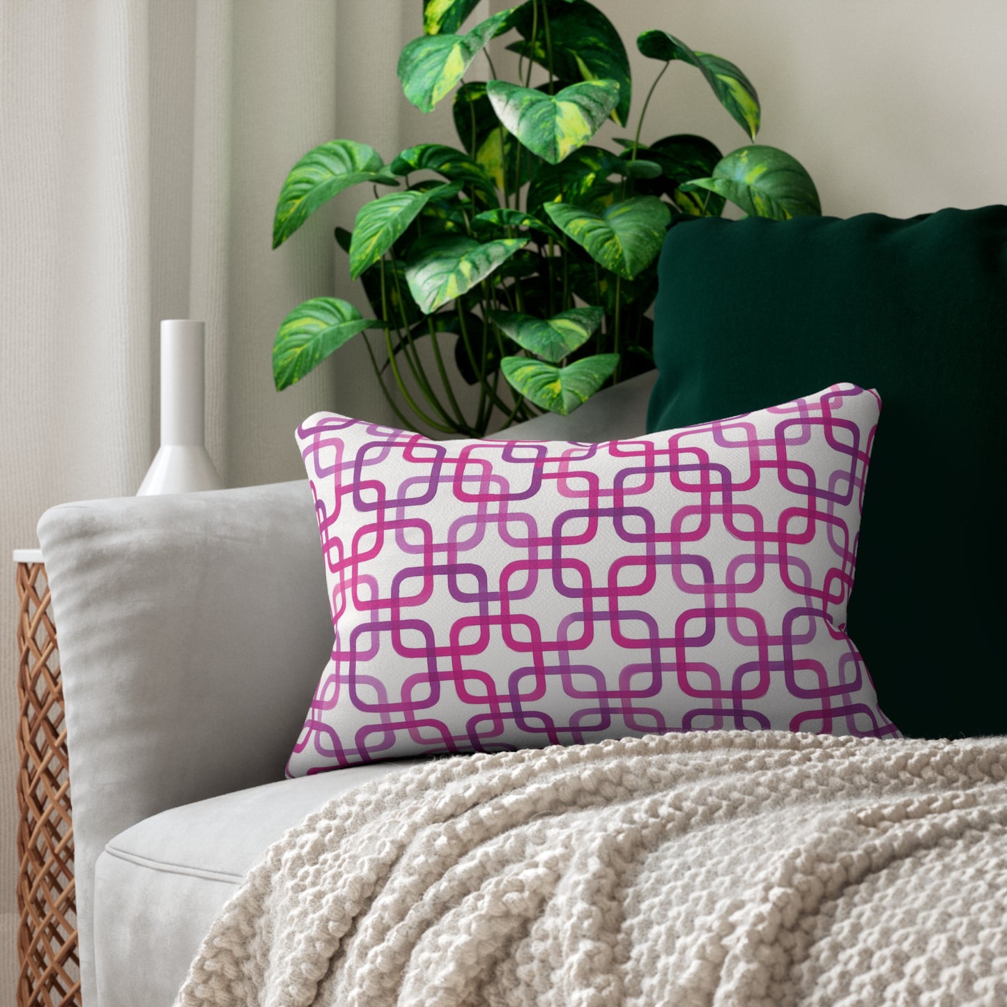 Mid-Century Pink Geometric Lumbar Pillow – 20×14
