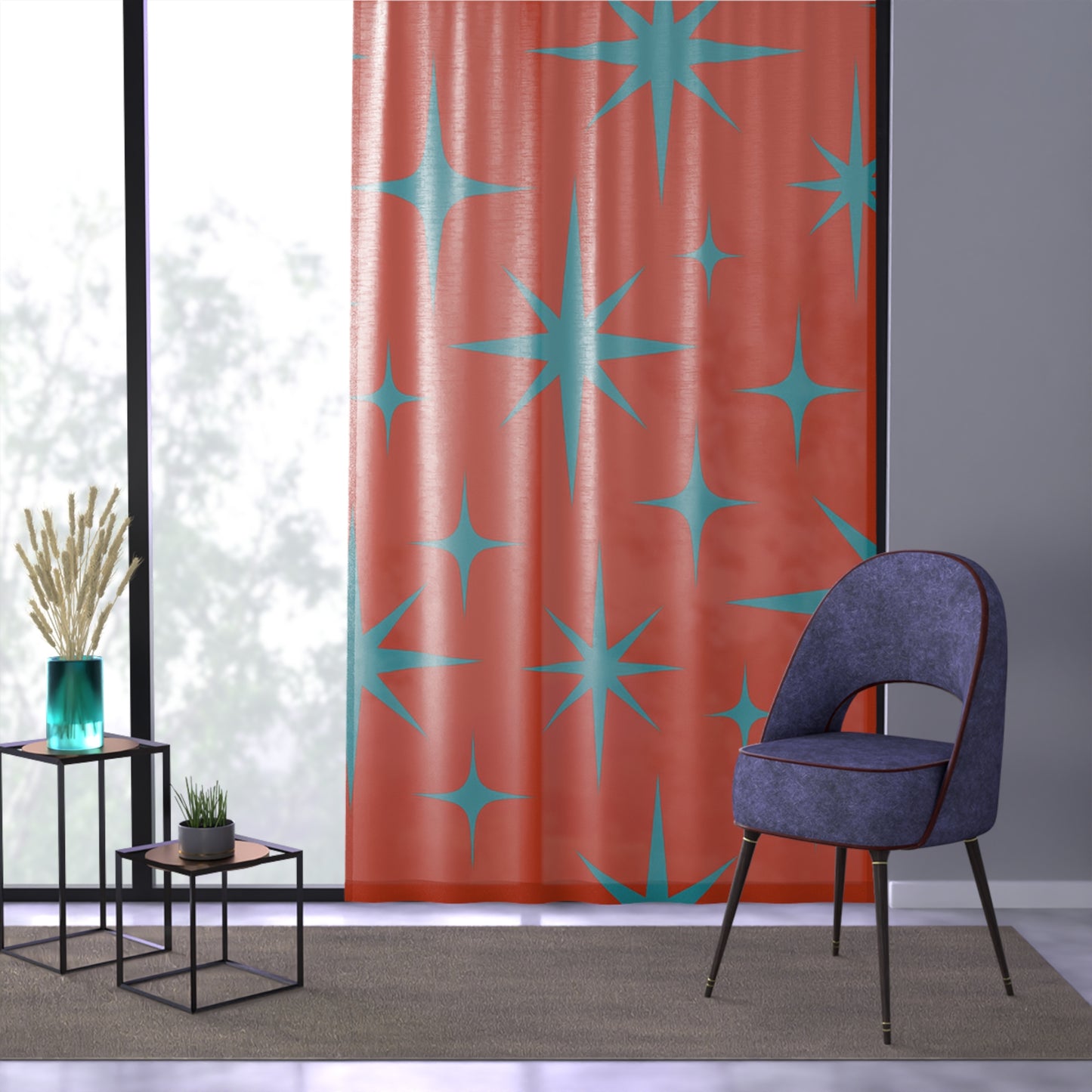 Atomic Starburst Curtain – Mid-Century Modern Panel in Retro Orange & Teal