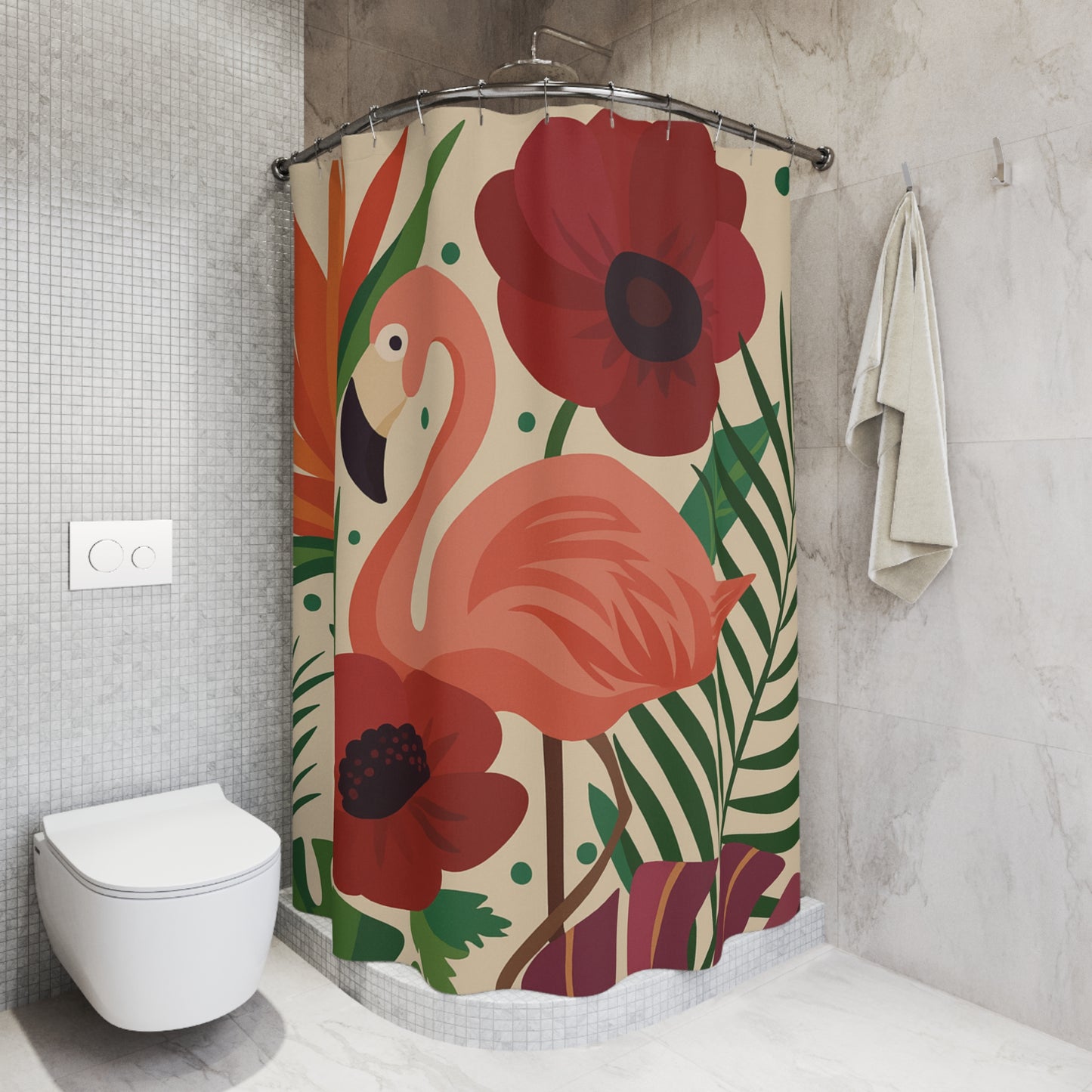 Retro Flamingo & Poppy Shower Curtain – Bold Botanical Vibes