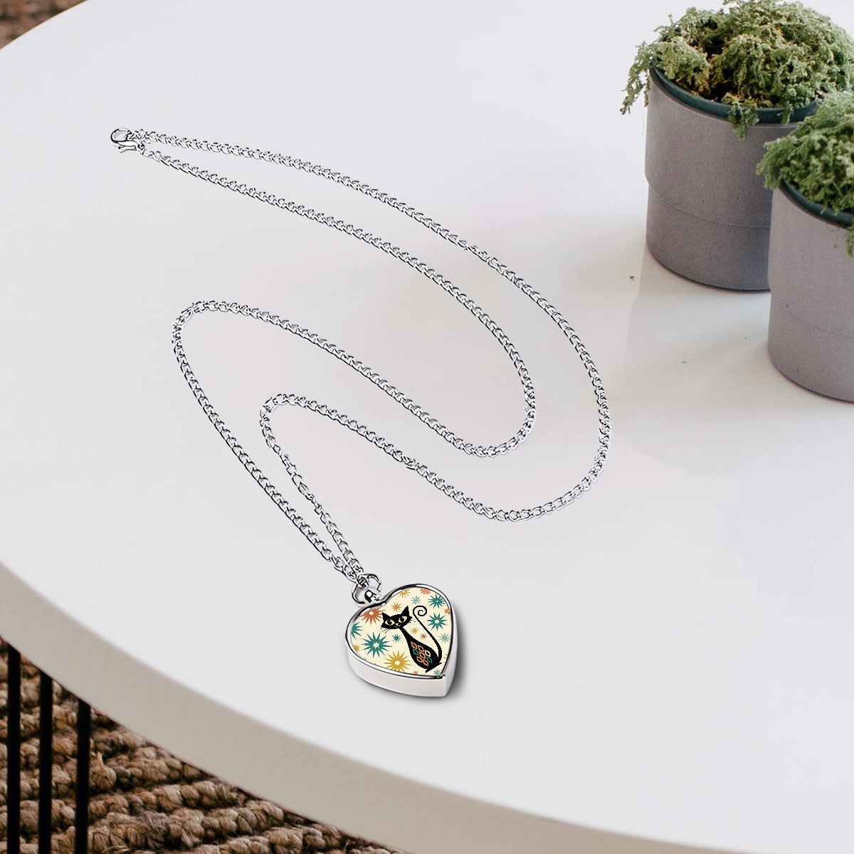 Atomic Cat Memorial Necklace – Heart-Shaped Pet Ash Keepsake