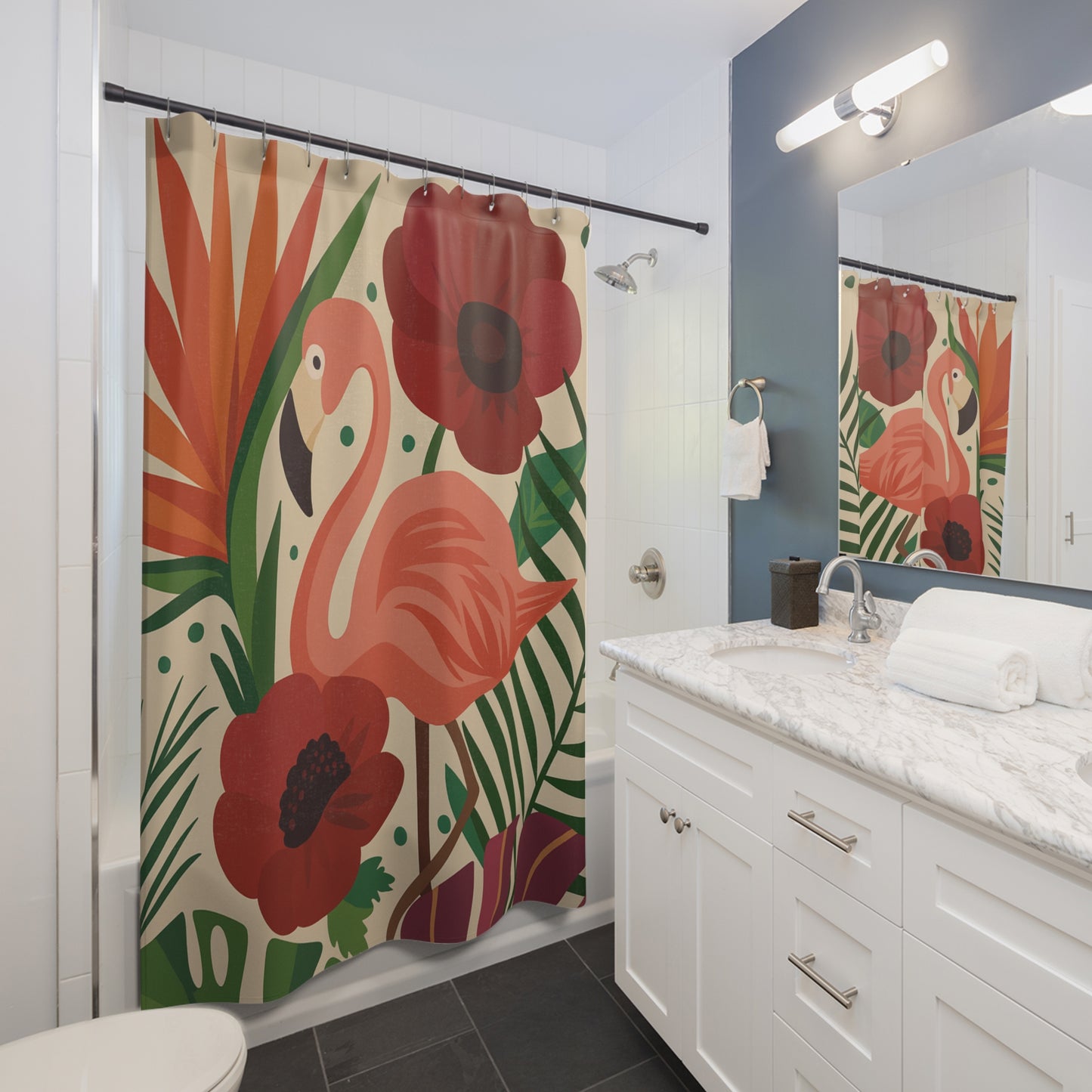Retro Flamingo & Poppy Shower Curtain – Bold Botanical Vibes