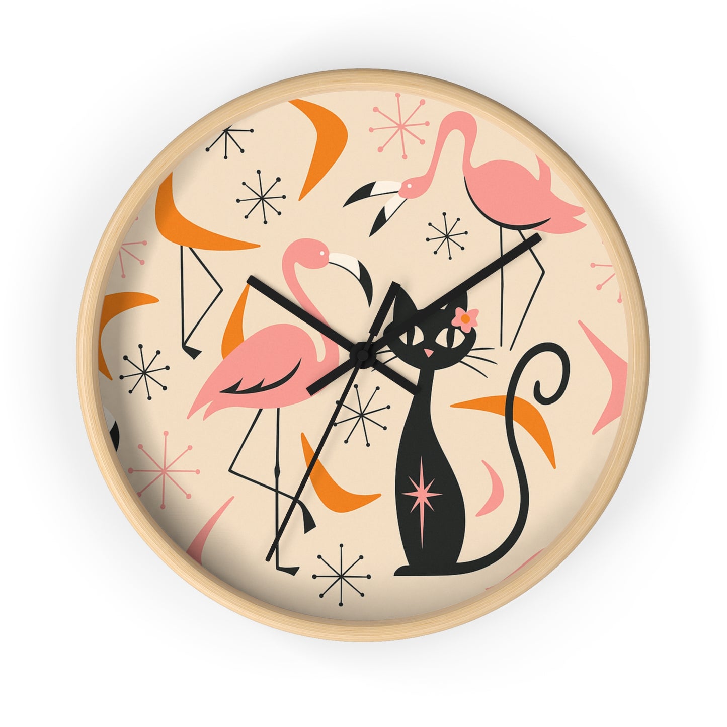 Retro Flamingo & Cat Wall Clock