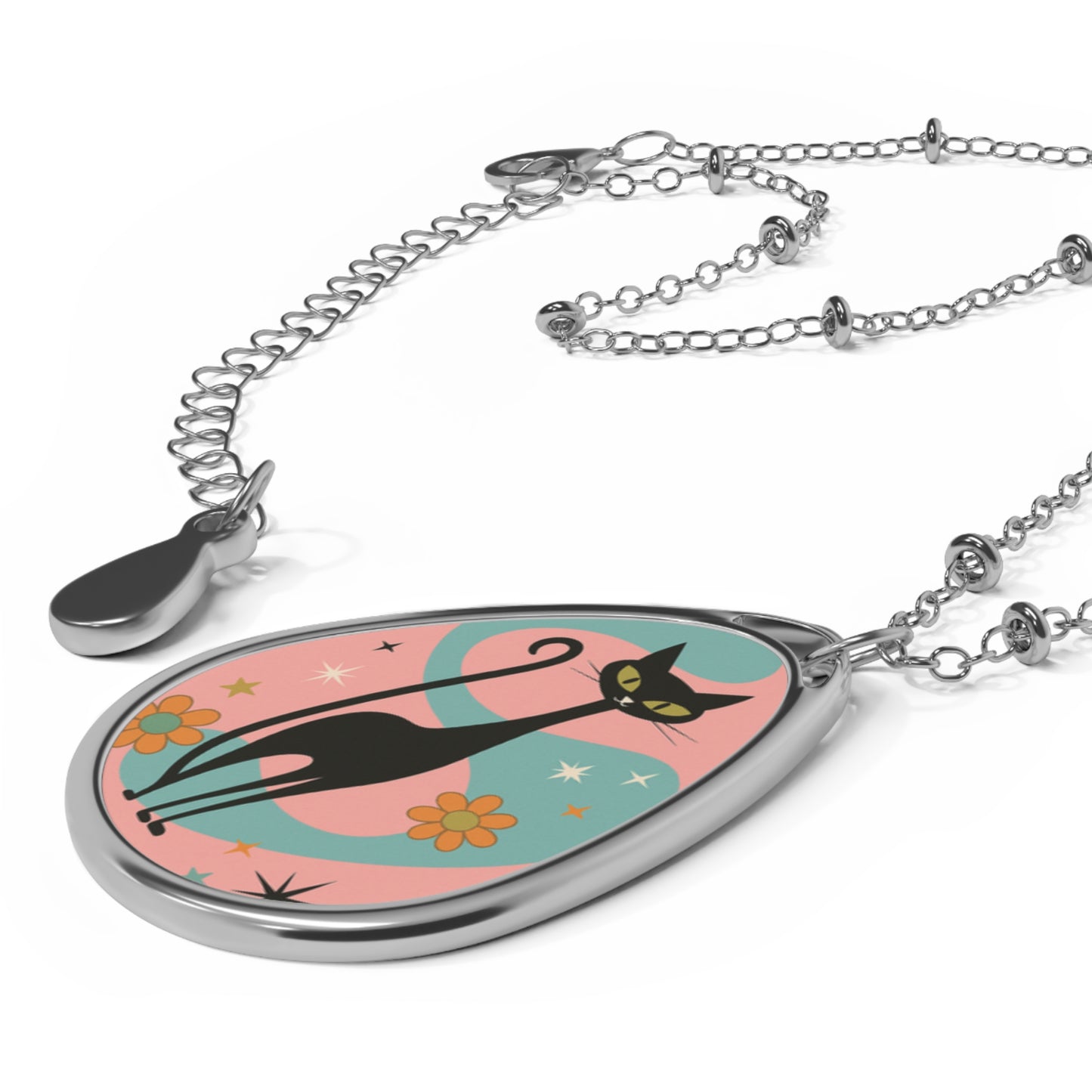 Atomic Black Cat Pendant Necklace – Retro Mid Century Groovy Style
