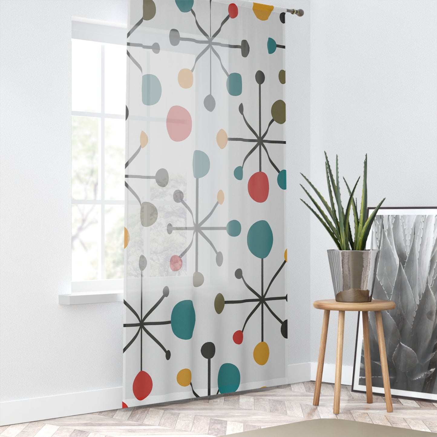 Mid-Century Atomic Dots Curtain – Retro Starburst Panel in Teal, Coral & Mustard