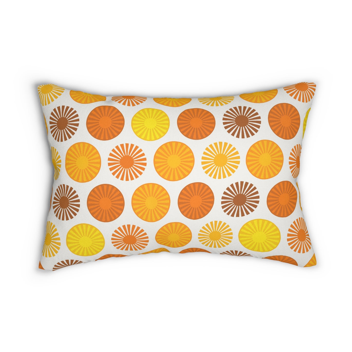 Retro Sunburst Circle Lumbar Pillow – Mid-Century Modern Orange & Yellow (20×14)