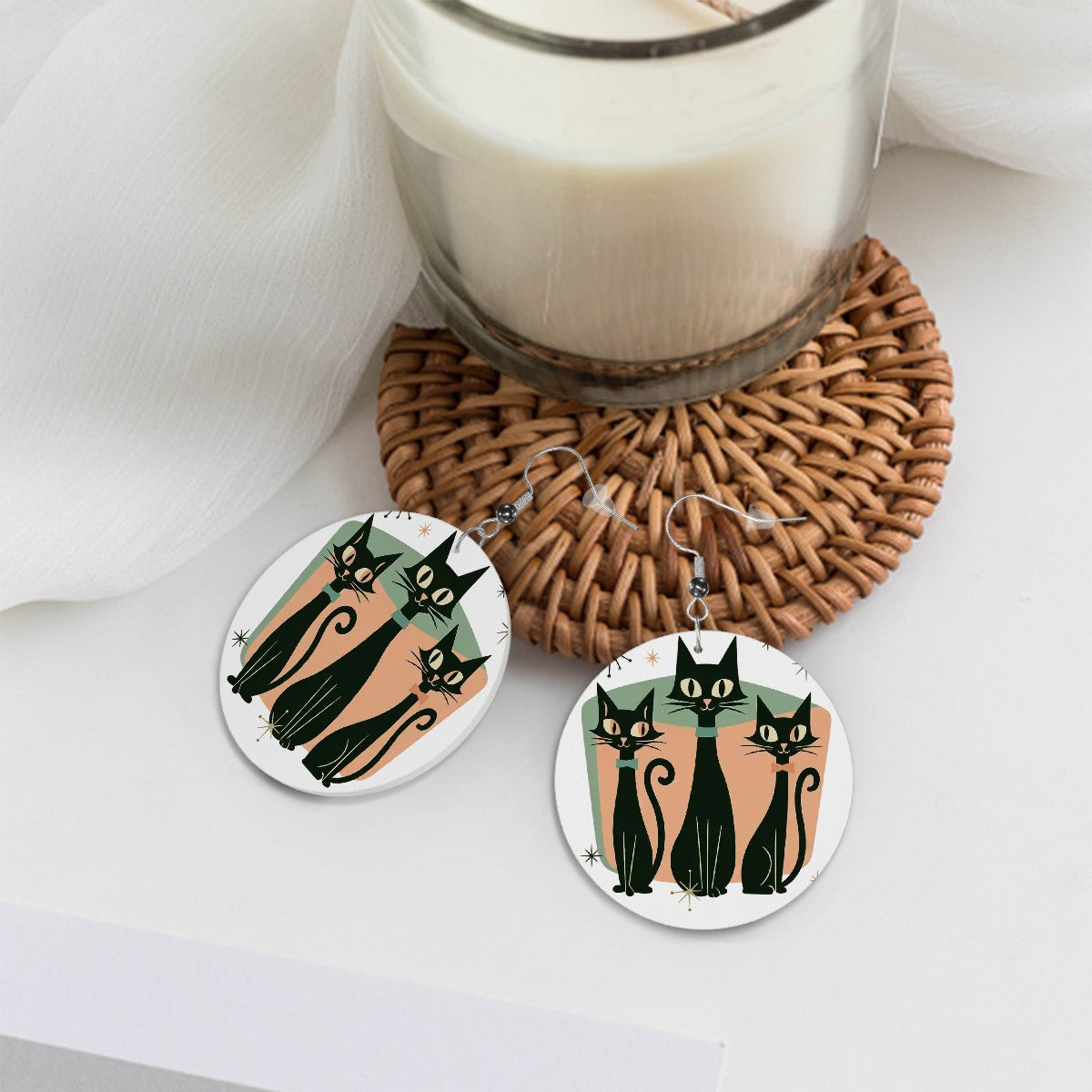 Atomic Cat Round Leather Earrings – Retro Mid Century Cool
