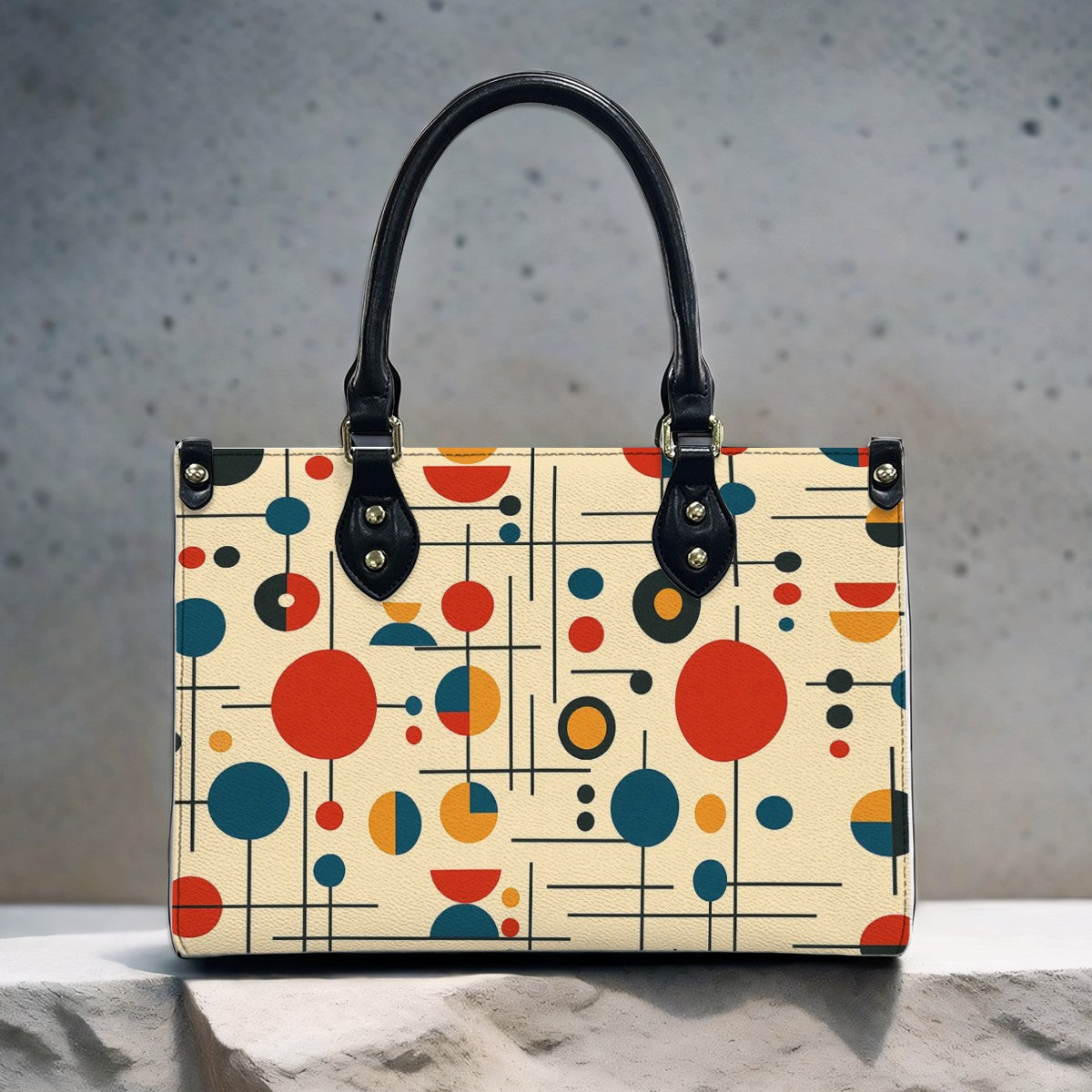 Atomic Dot Mod PU Tote – Mid Century Modern Print Handbag