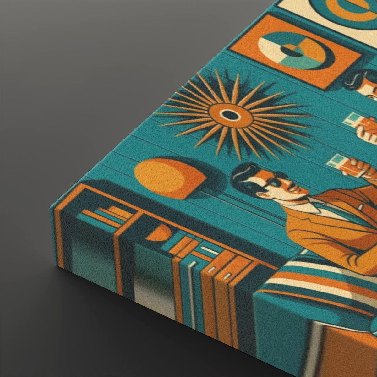 Mid Century Lounge Canvas Wall Art – Retro Teal Tones (32"x20")