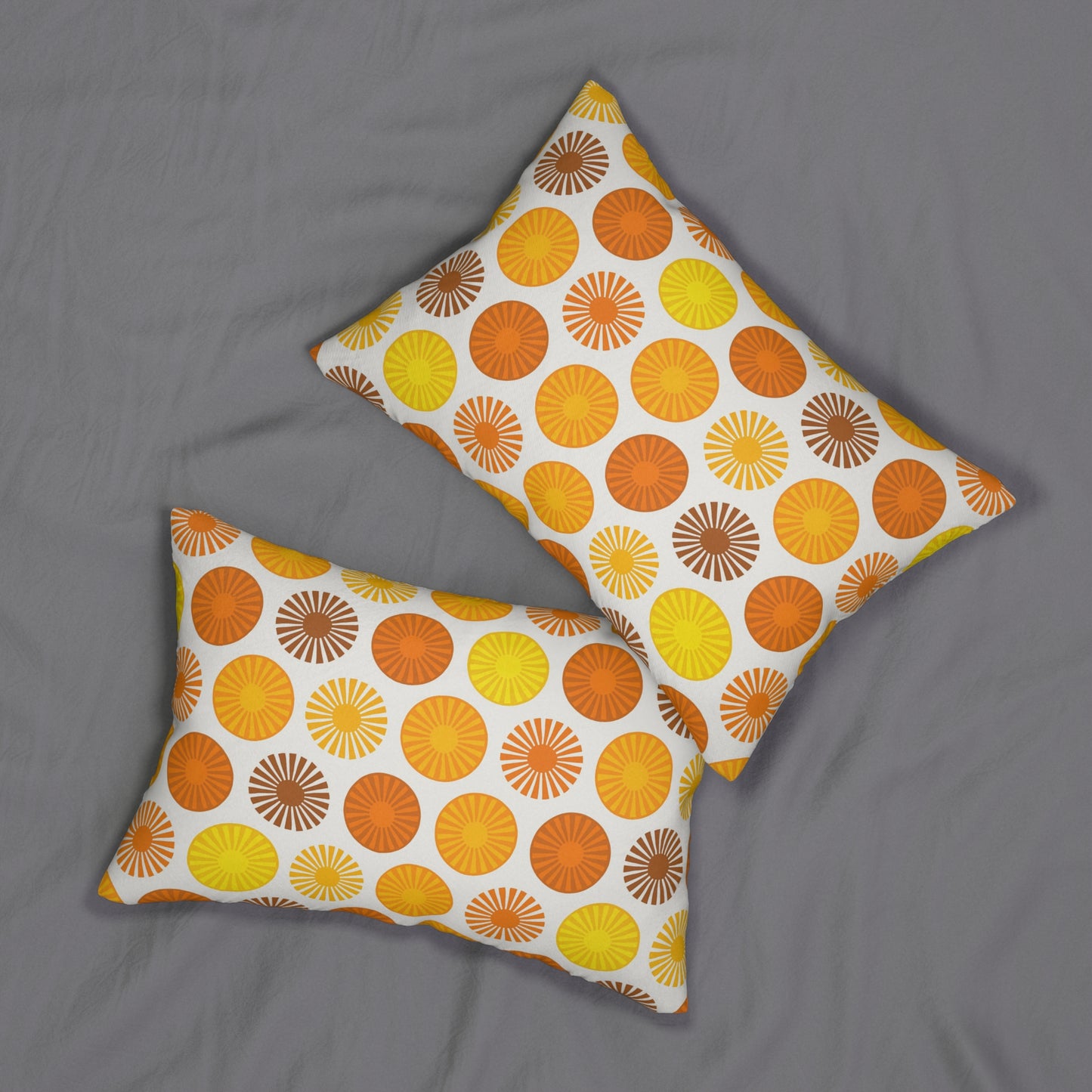 Retro Sunburst Circle Lumbar Pillow – Mid-Century Modern Orange & Yellow (20×14)