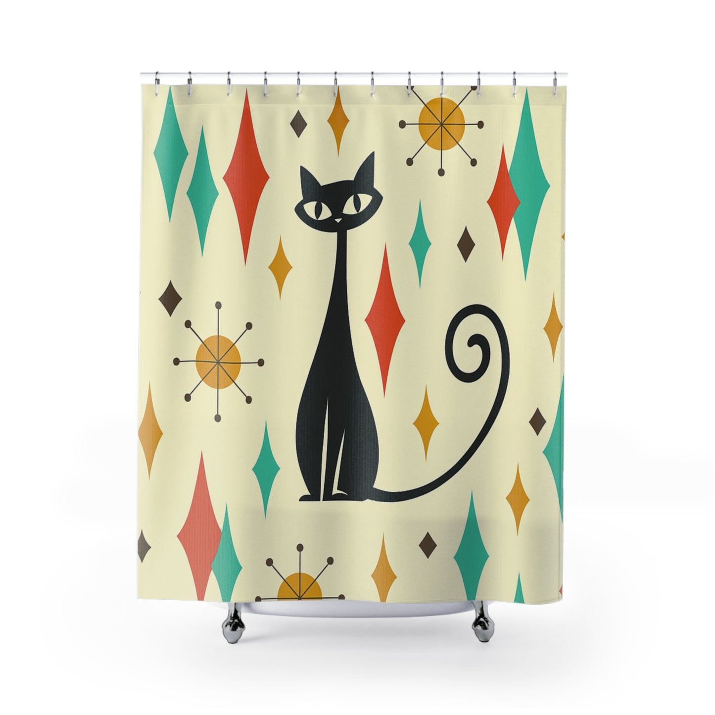 Atomic Black Cat Shower Curtain – Mid-Century Whiskered Wonder