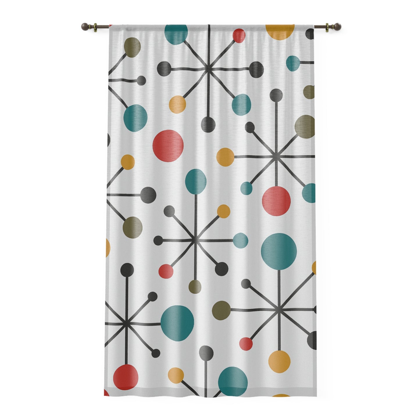 Mid-Century Atomic Dots Curtain – Retro Starburst Panel in Teal, Coral & Mustard