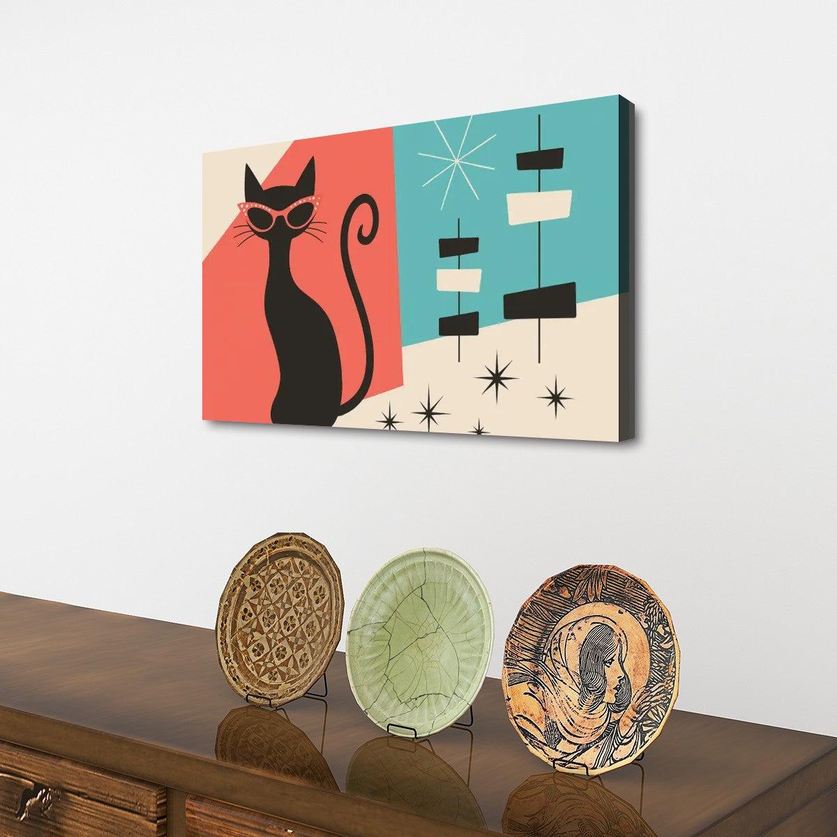 Cool Cat Canvas Wall Art – Mid Century Modern Style (32″×20″)