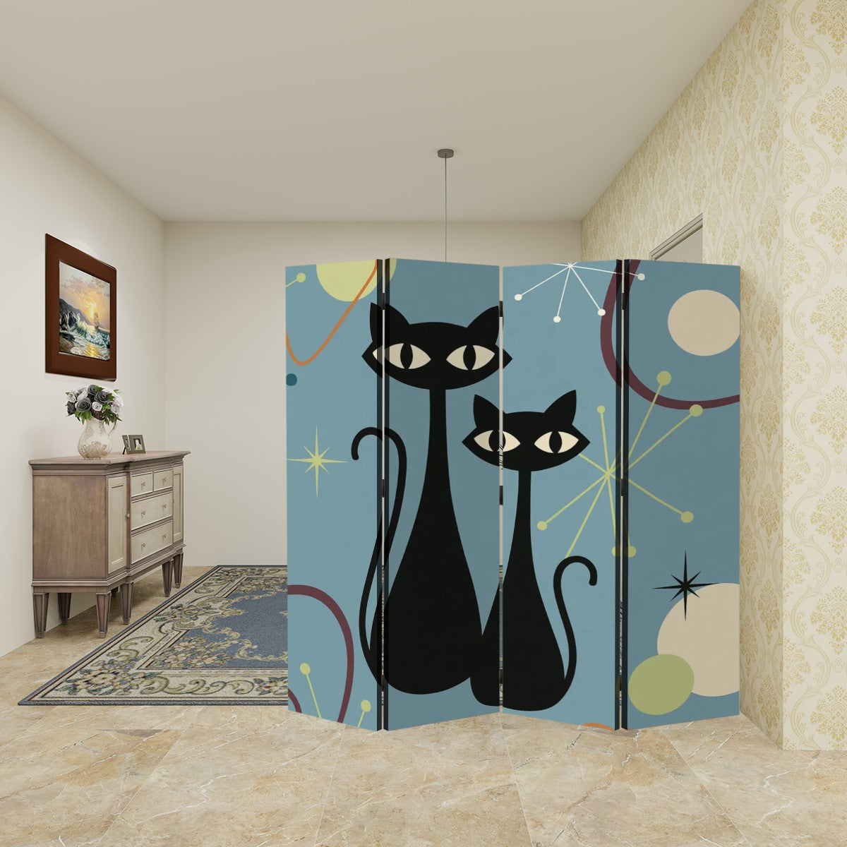 Retro Atomic Cats 4-Panel Folding Screen