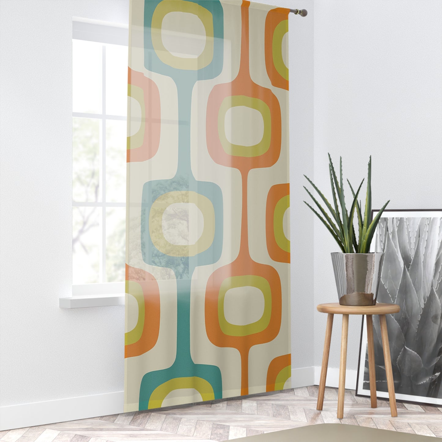 Retro Mod Block Mid-Century Modern Curtain Panel – Warm Avocado & Teal Pattern