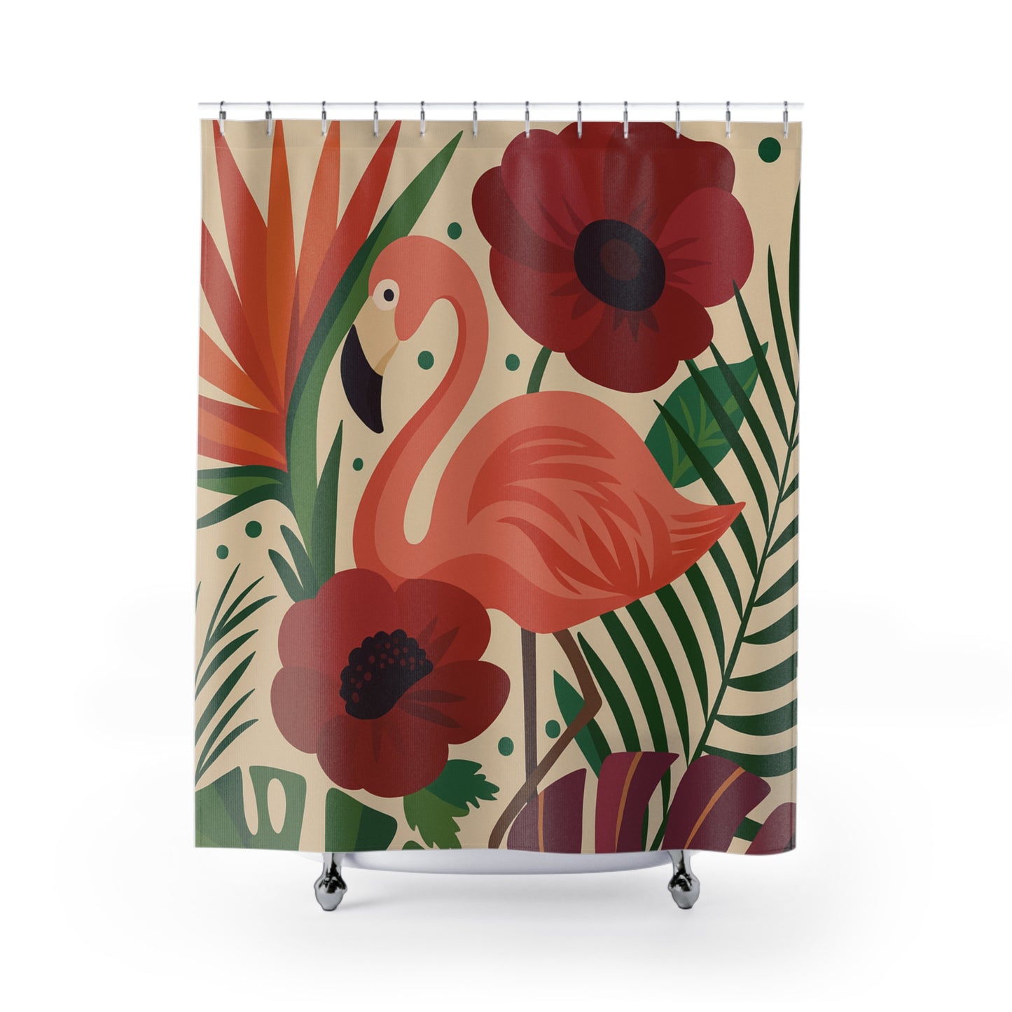 Retro Flamingo & Poppy Shower Curtain – Bold Botanical Vibes