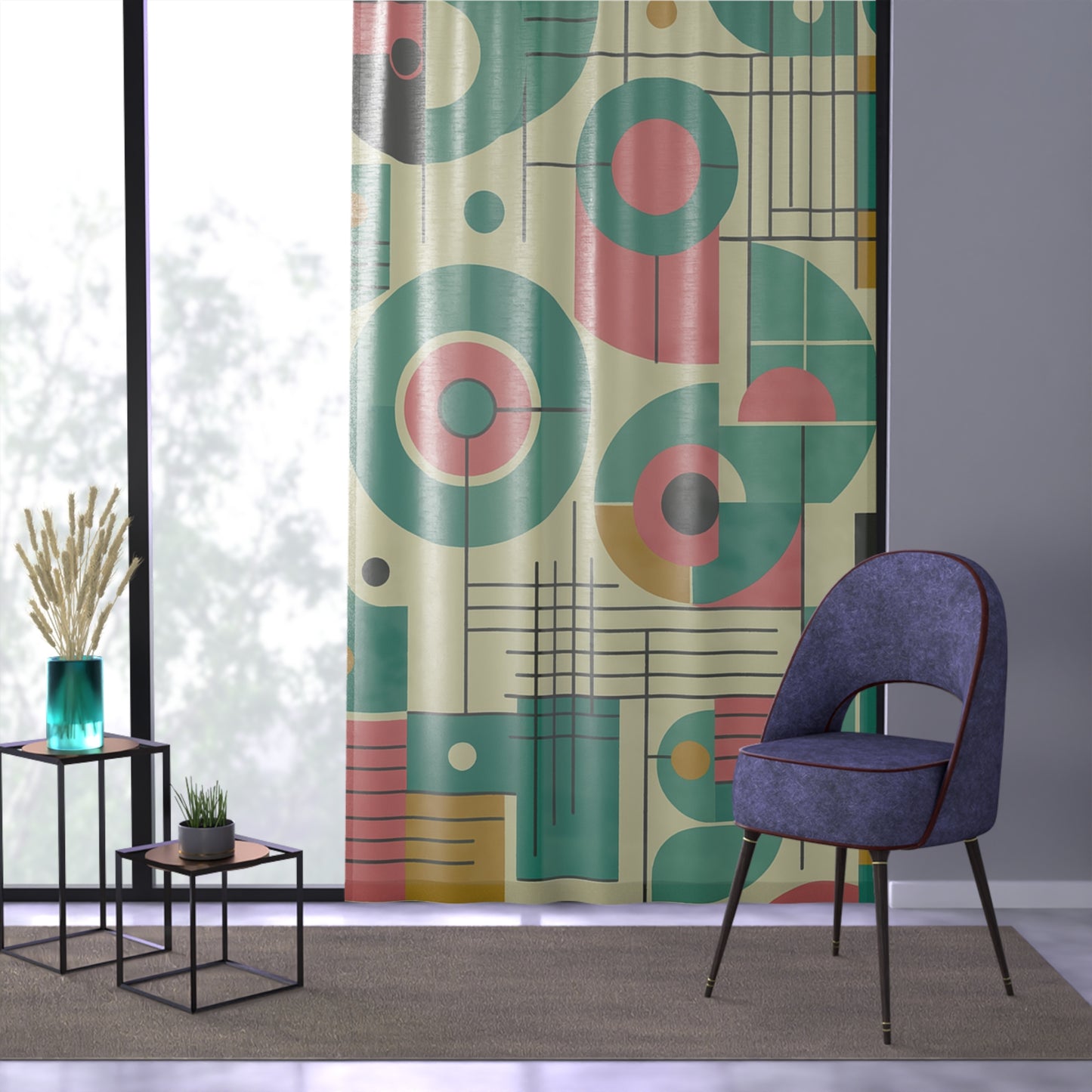 Mid-Century Modern Geometric Circles Curtain – Retro Grid Panel in Teal & Coral