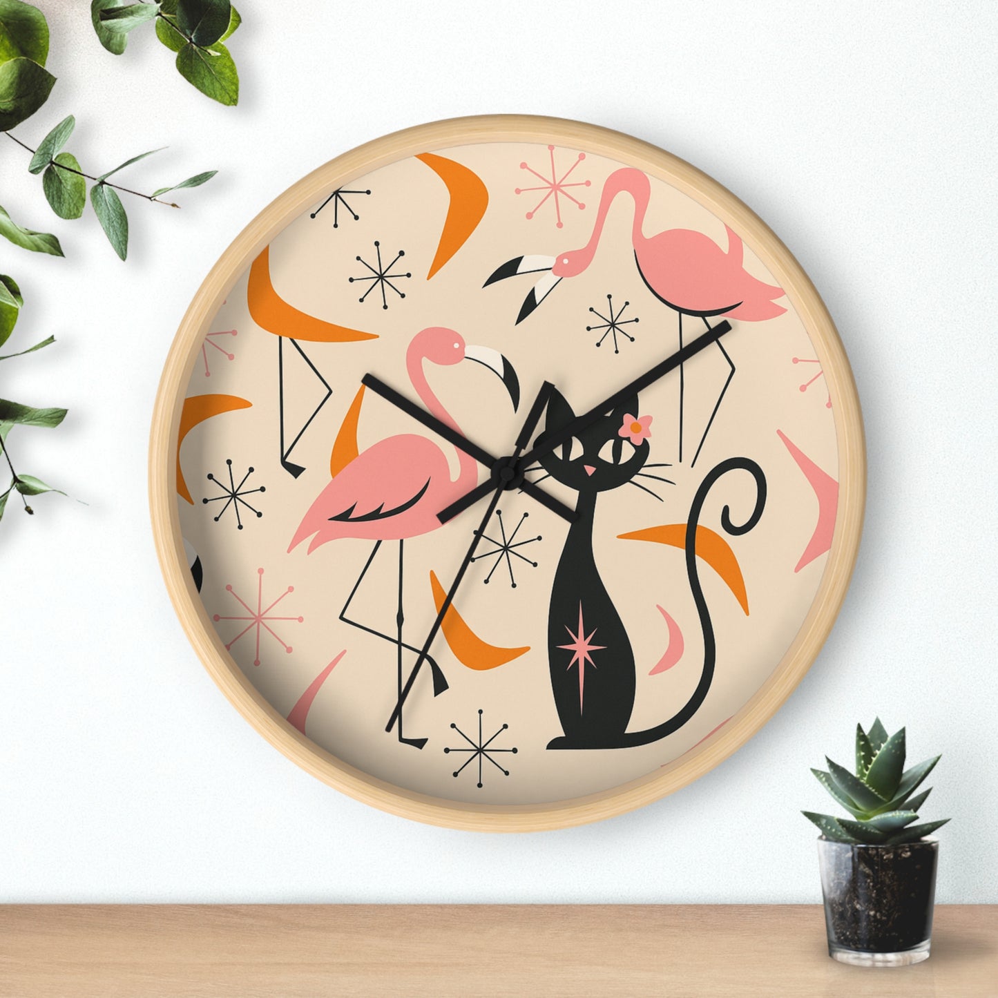 Retro Flamingo & Cat Wall Clock