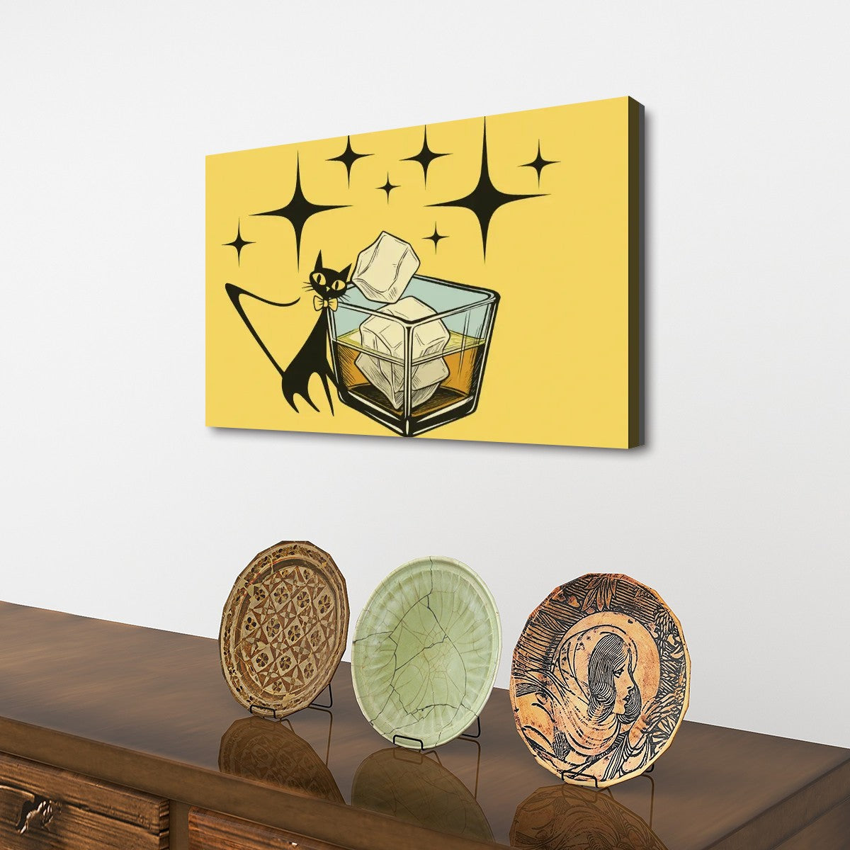 Atomic Cat & Cocktail Canvas Print – Mid Century Modern Wall Art
