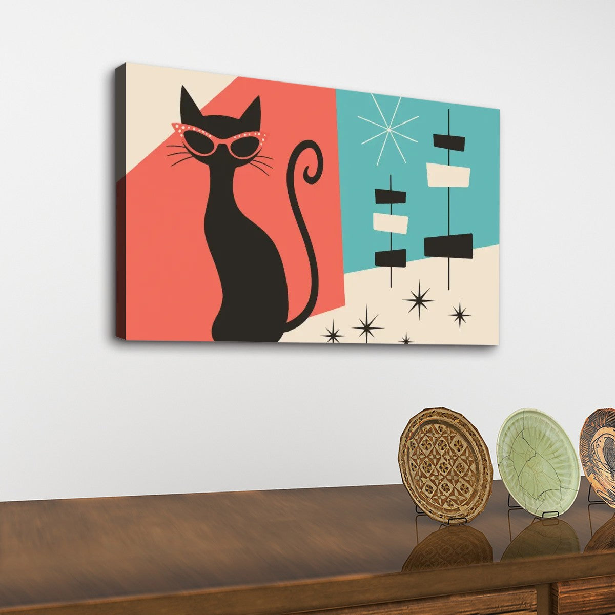 Cool Cat Canvas Wall Art – Mid Century Modern Style (32″×20″)