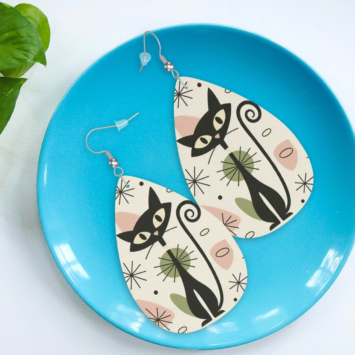 Atomic Cat Leather Teardrop Earrings