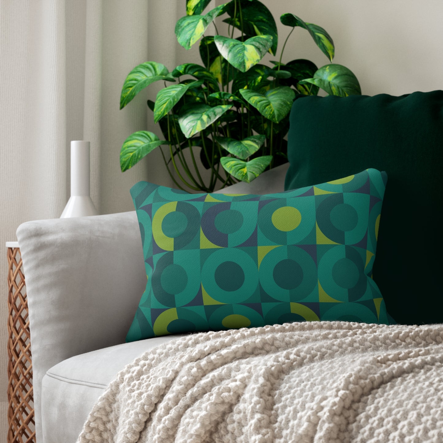 Green Geometric Orbit Lumbar Pillow – Mid-Century Modern Vibe (20×14)