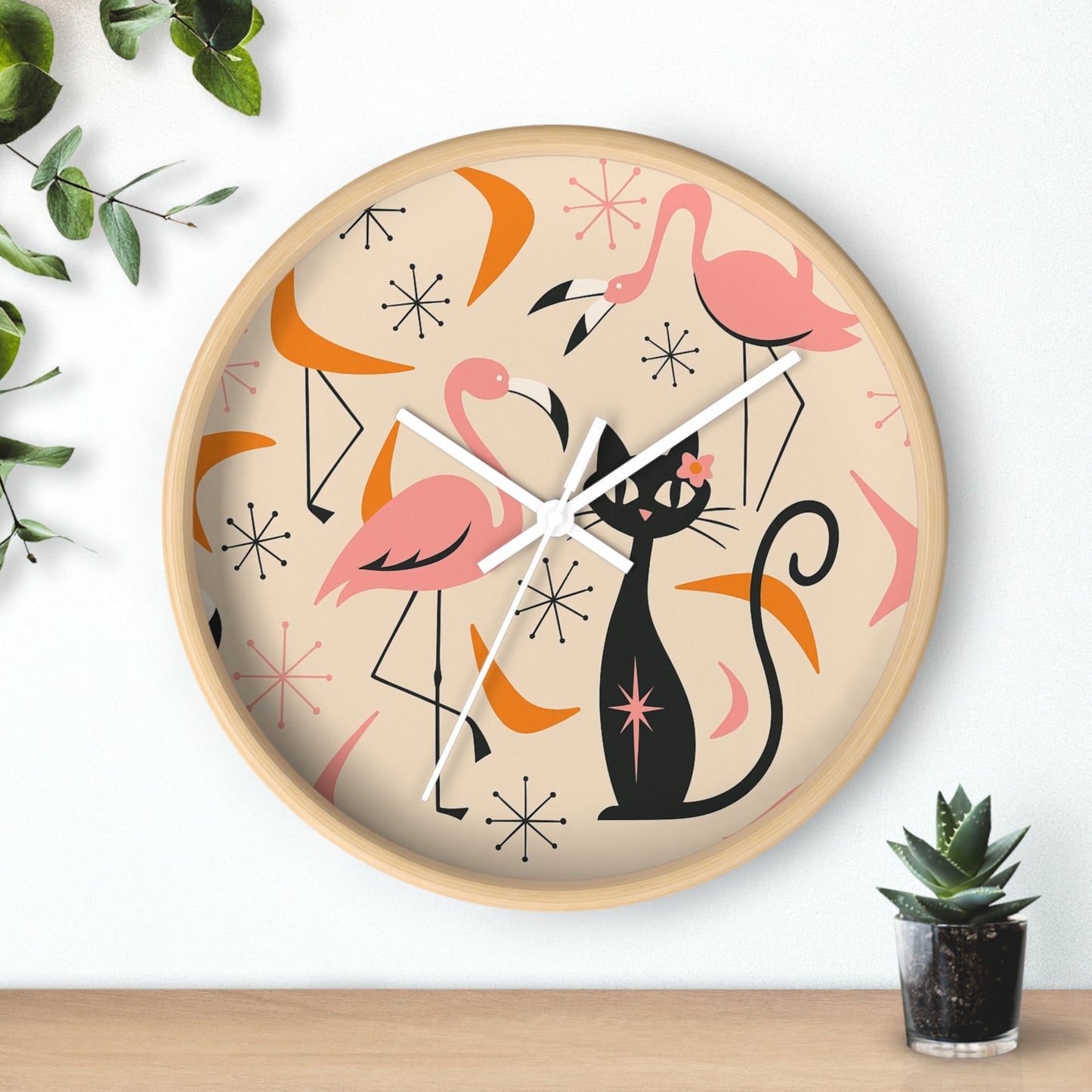 Retro Flamingo & Cat Wall Clock
