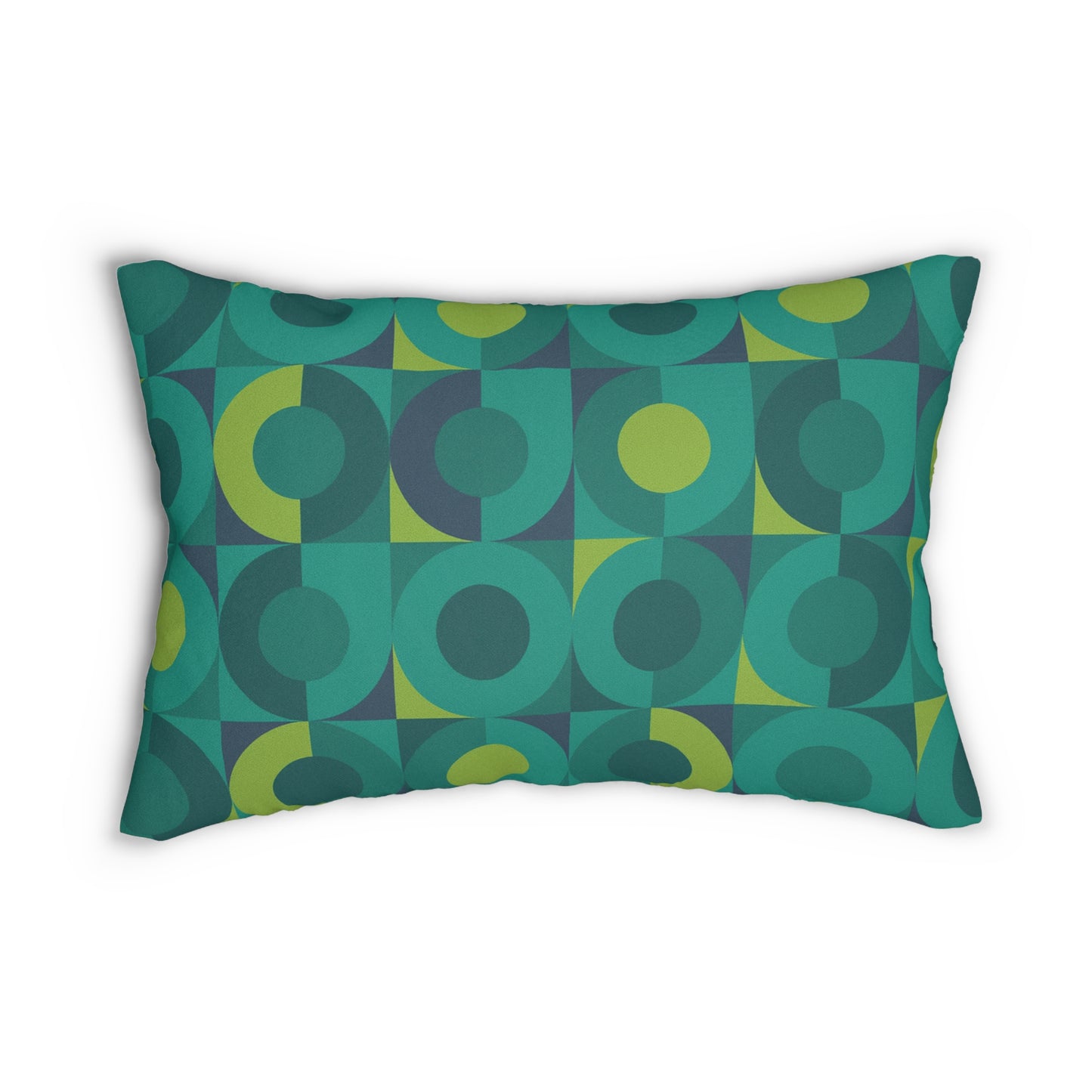 Green Geometric Orbit Lumbar Pillow – Mid-Century Modern Vibe (20×14)