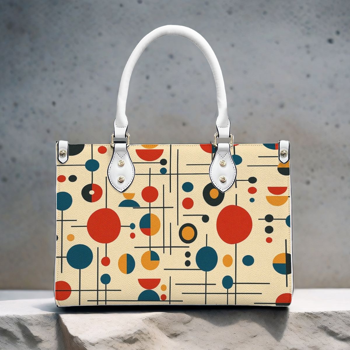 Atomic Dot Mod PU Tote – Mid Century Modern Print Handbag