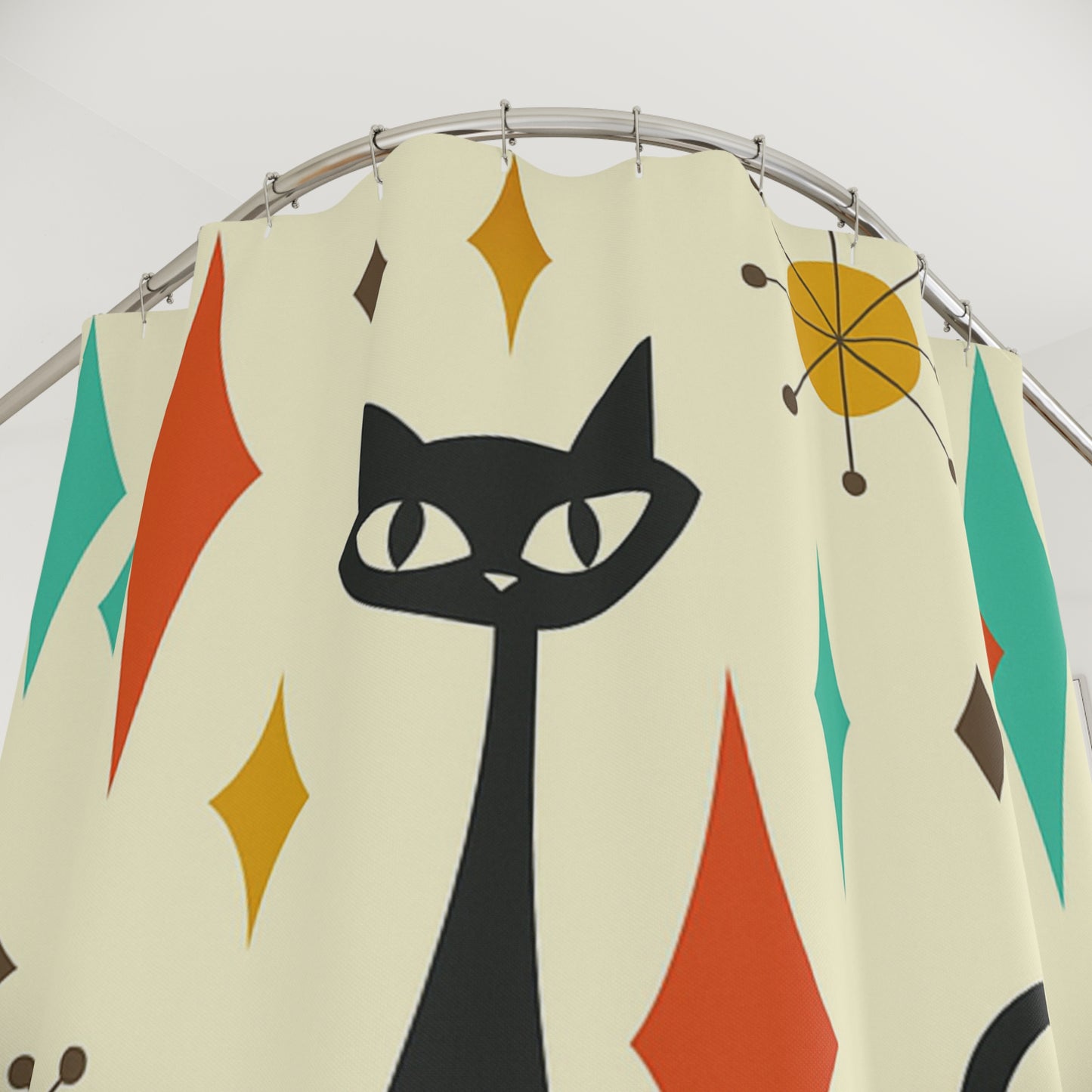 Atomic Black Cat Shower Curtain – Mid-Century Whiskered Wonder