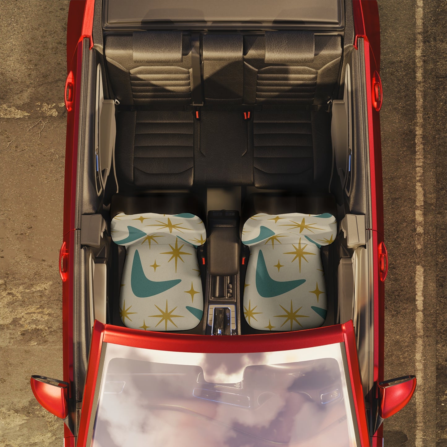Retro Starburst Car Seat Covers – Set of 2 | Cream & Teal Mid-Century Atomic Print
