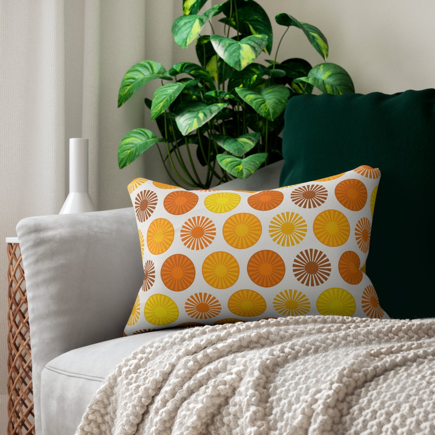 Retro Sunburst Circle Lumbar Pillow – Mid-Century Modern Orange & Yellow (20×14)