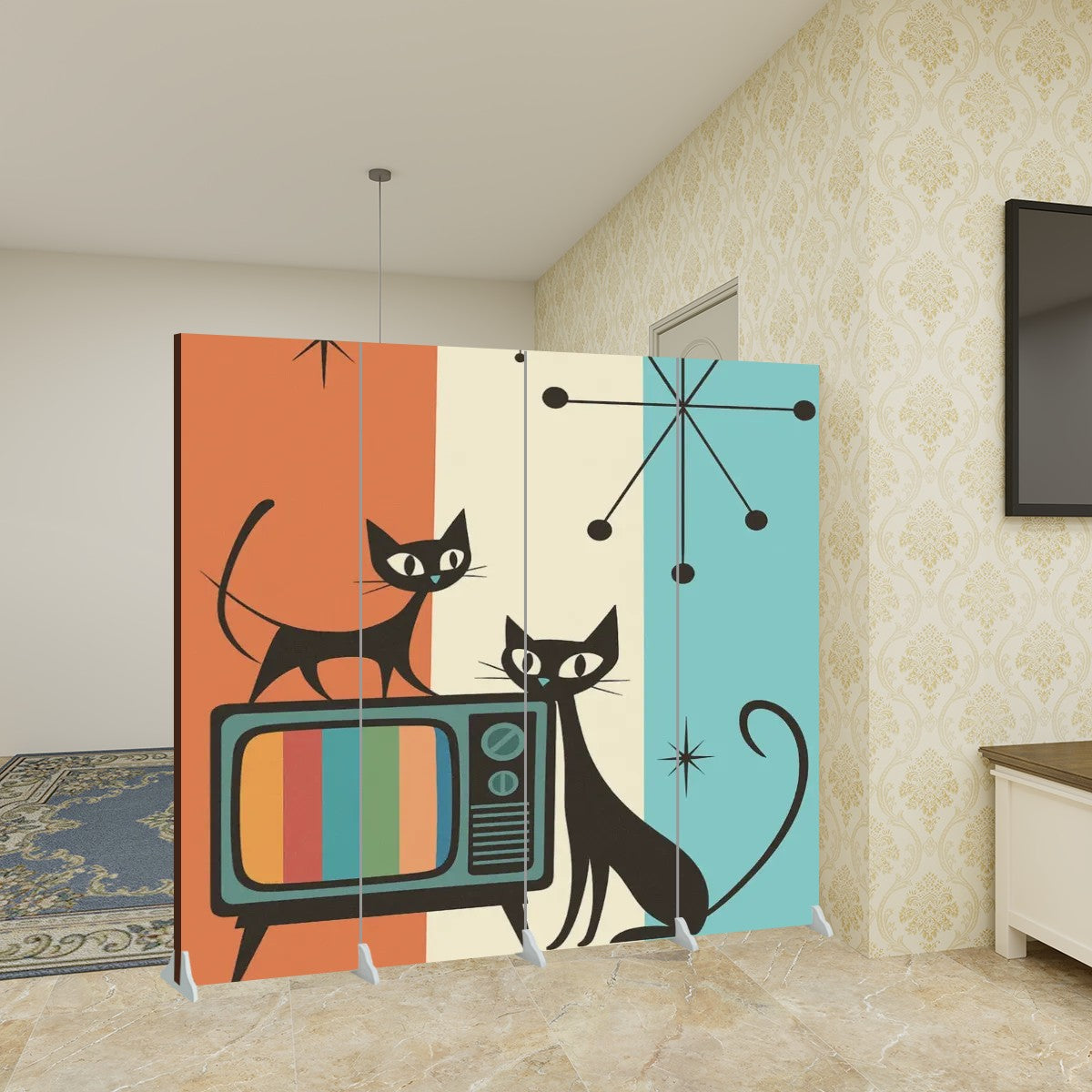 Atomic Cats Room Divider โ 4 Panel Folding Screen