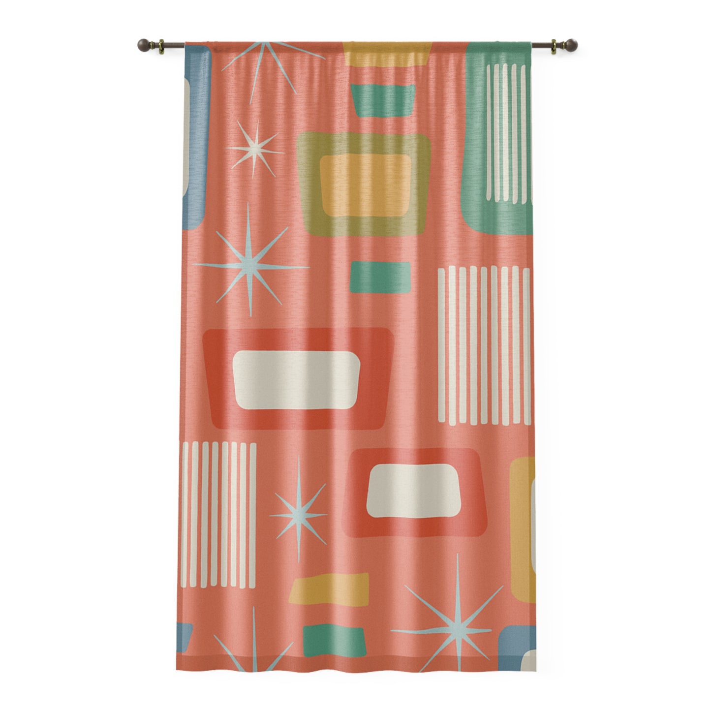 Atomic Coral Mid-Century Modern Curtain Panel – Retro Starburst & Mod Block Print