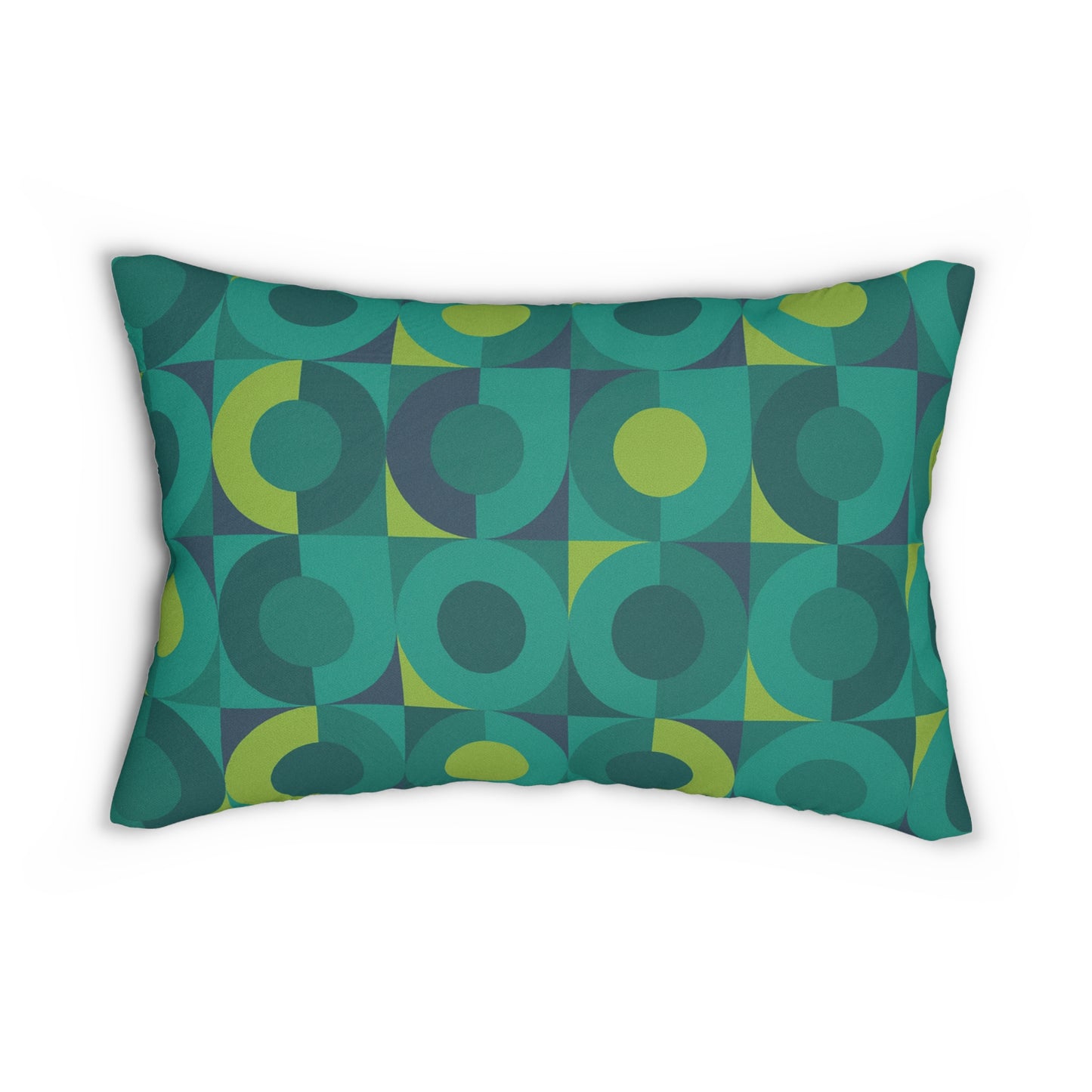 Green Geometric Orbit Lumbar Pillow – Mid-Century Modern Vibe (20×14)