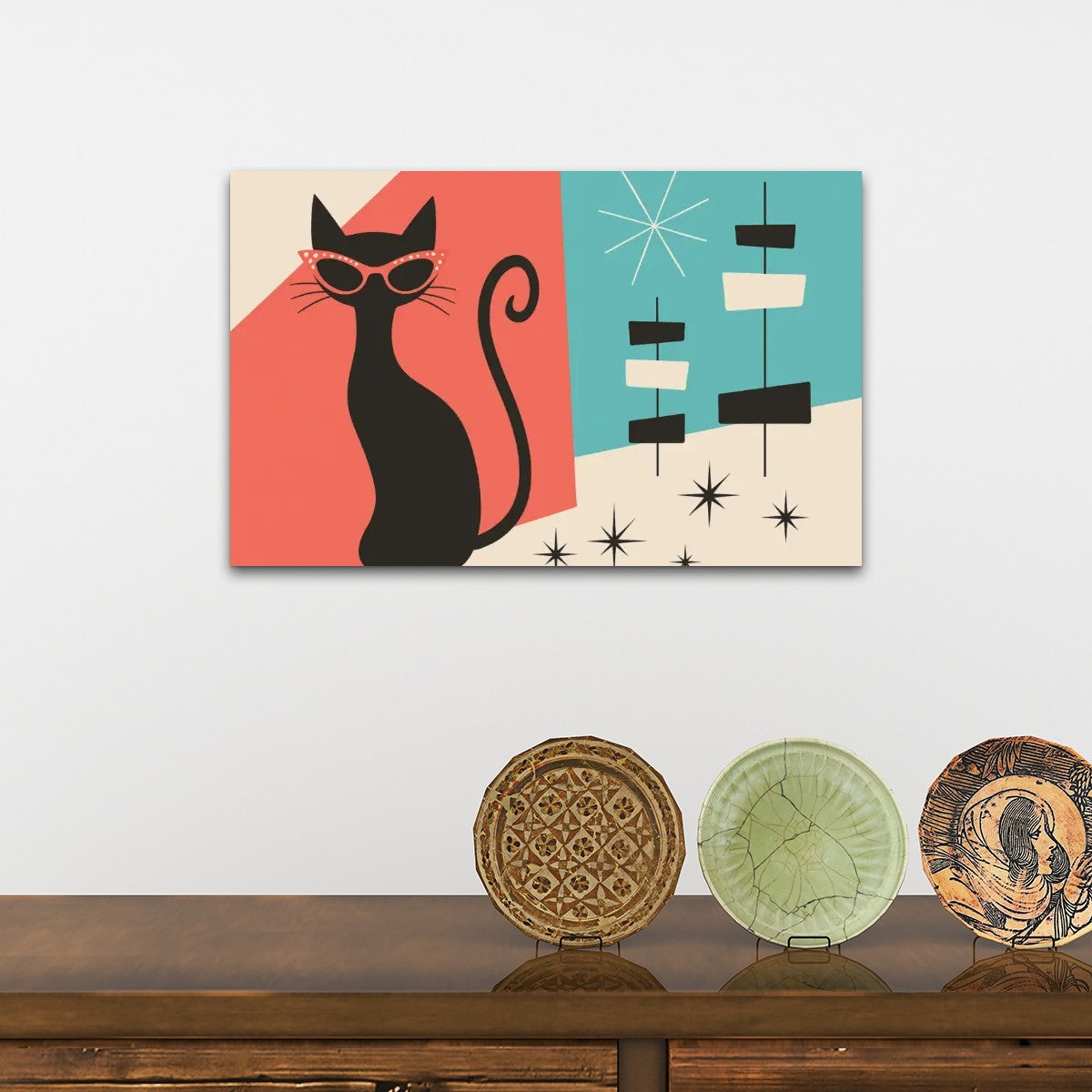 Cool Cat Canvas Wall Art – Mid Century Modern Style (32″×20″)
