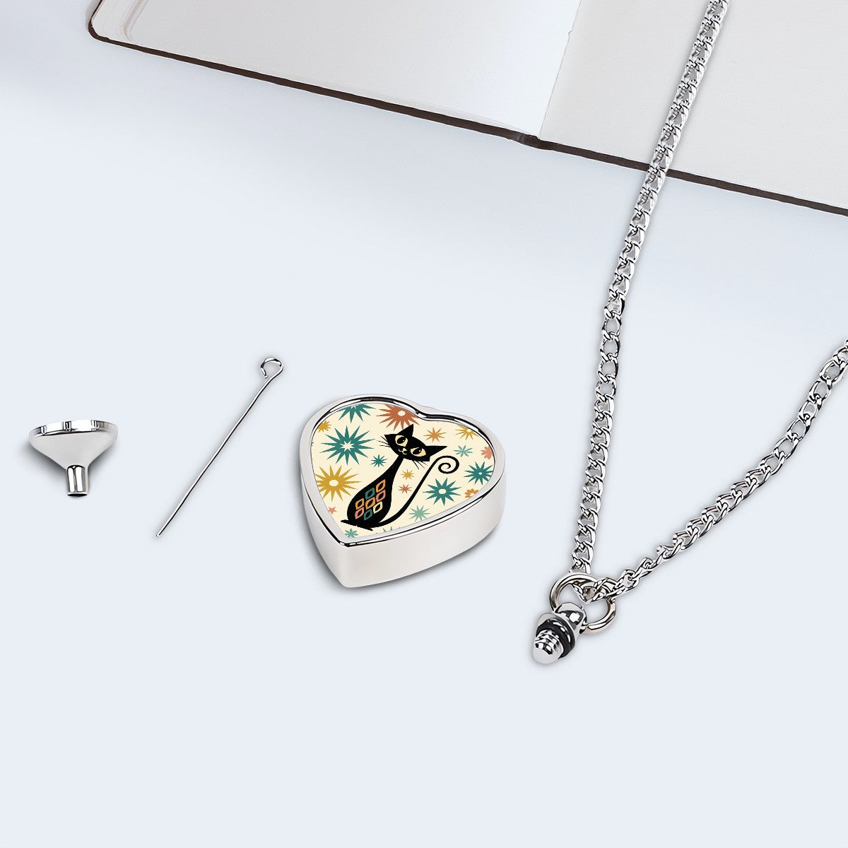 Atomic Cat Memorial Necklace – Heart-Shaped Pet Ash Keepsake