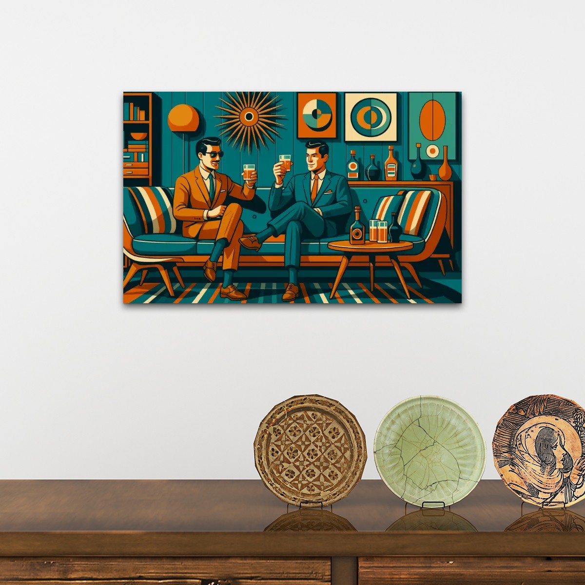 Mid Century Lounge Canvas Wall Art – Retro Teal Tones (32"x20")
