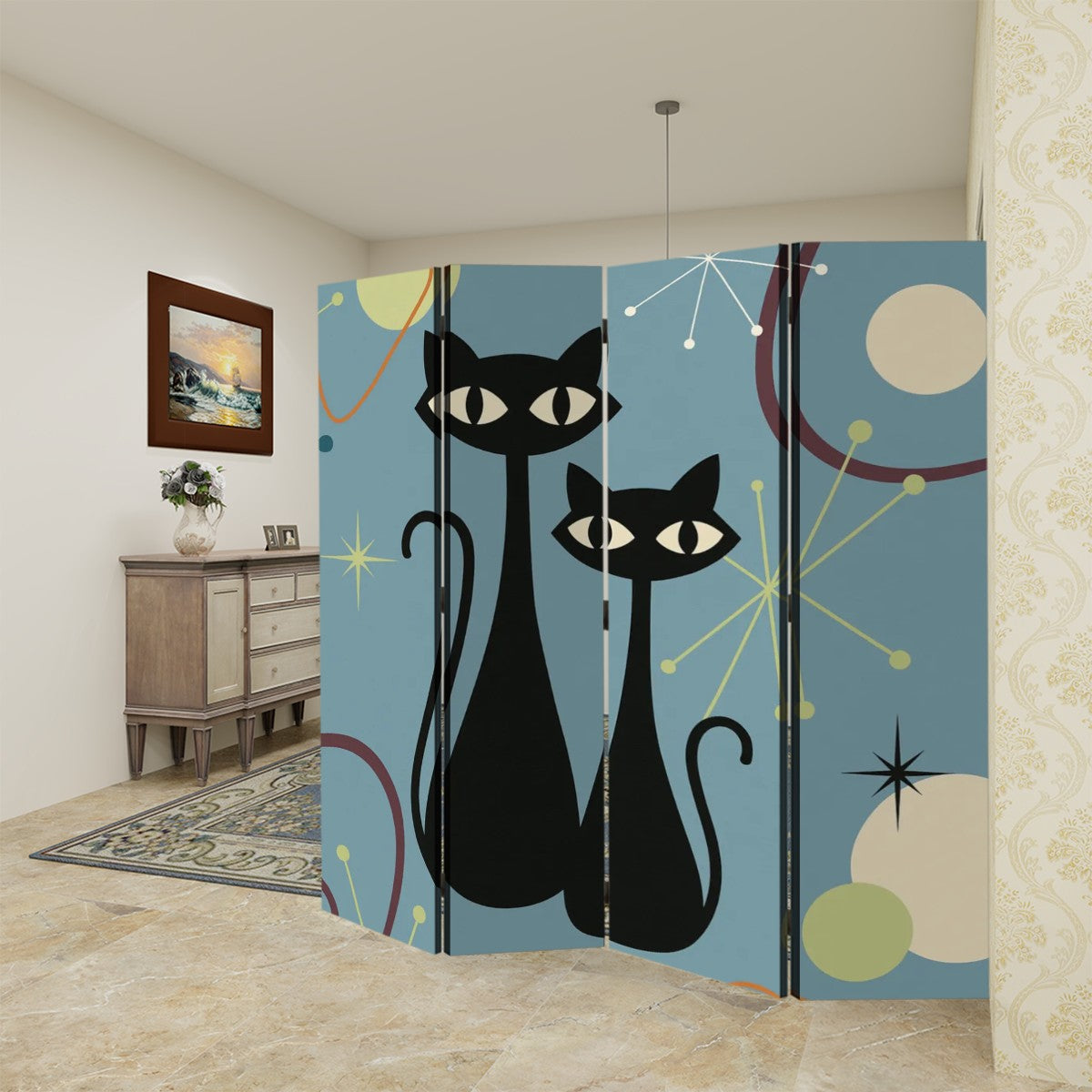 Retro Atomic Cats 4-Panel Folding Screen