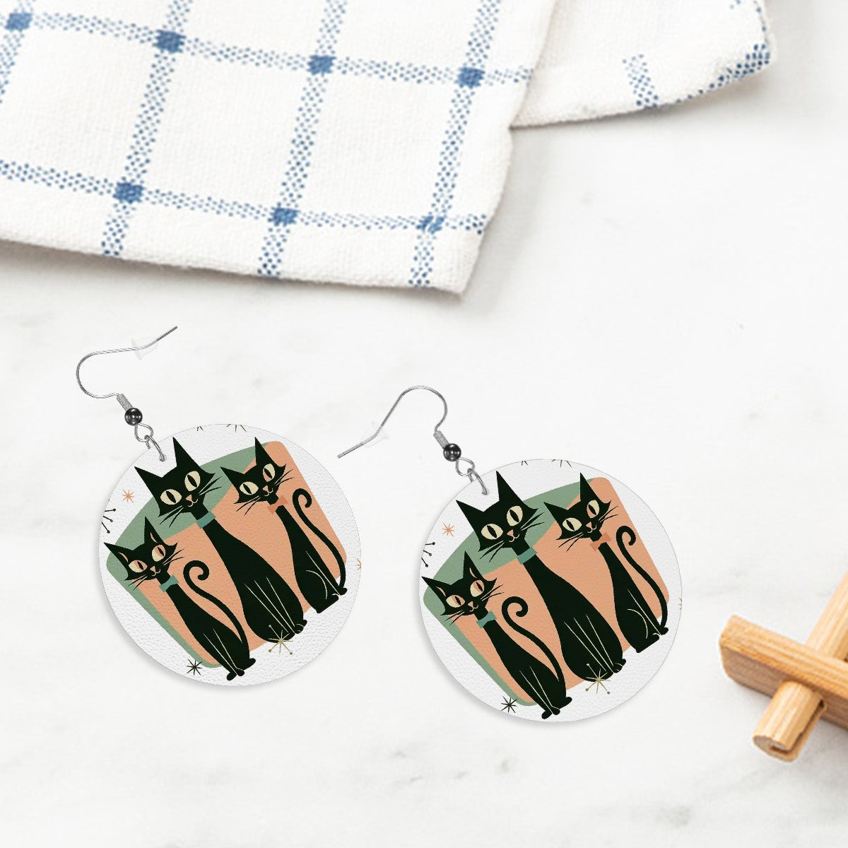 Atomic Cat Round Leather Earrings – Retro Mid Century Cool