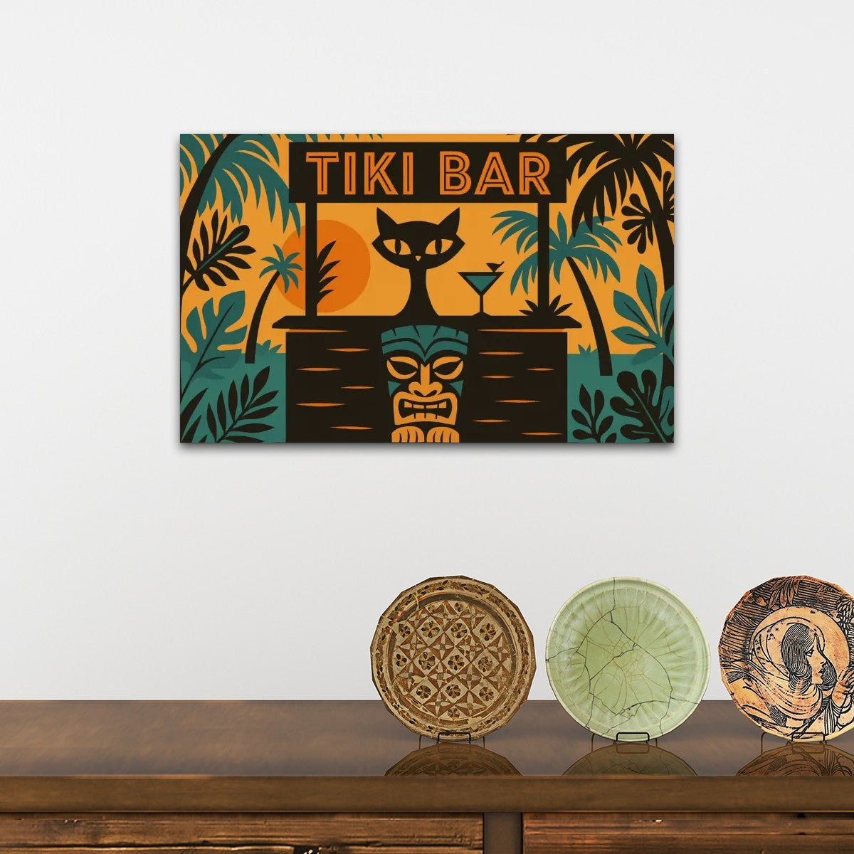 Tiki Bar Cat Canvas Print – Retro Mid Century Modern Wall Art (32"x20")